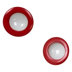 Set of 2 Round Metal Opaline Glass Wall Light Sconces, red yellow, Italy, 1960s