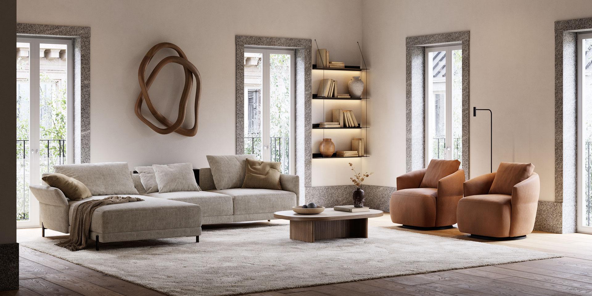 Contemporary Pair of Round Swivel Armchairs with Auto-Return Mechanism For Sale
