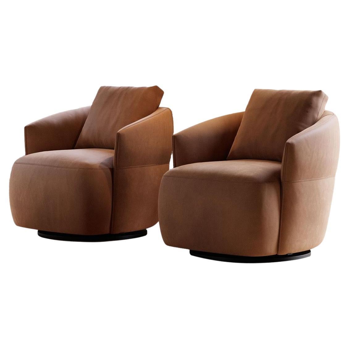 Pair of Round Swivel Armchairs with Auto-Return Mechanism For Sale