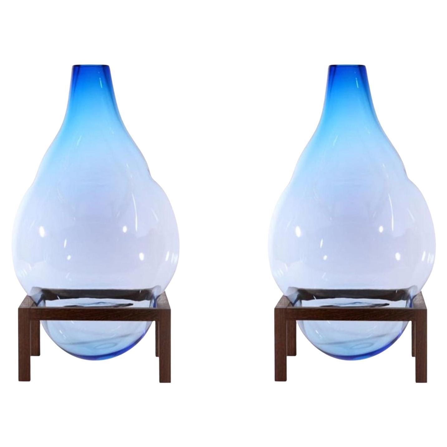 Set of 2 Round Square Blue Bubble Vase by Studio Thier and van Daalen