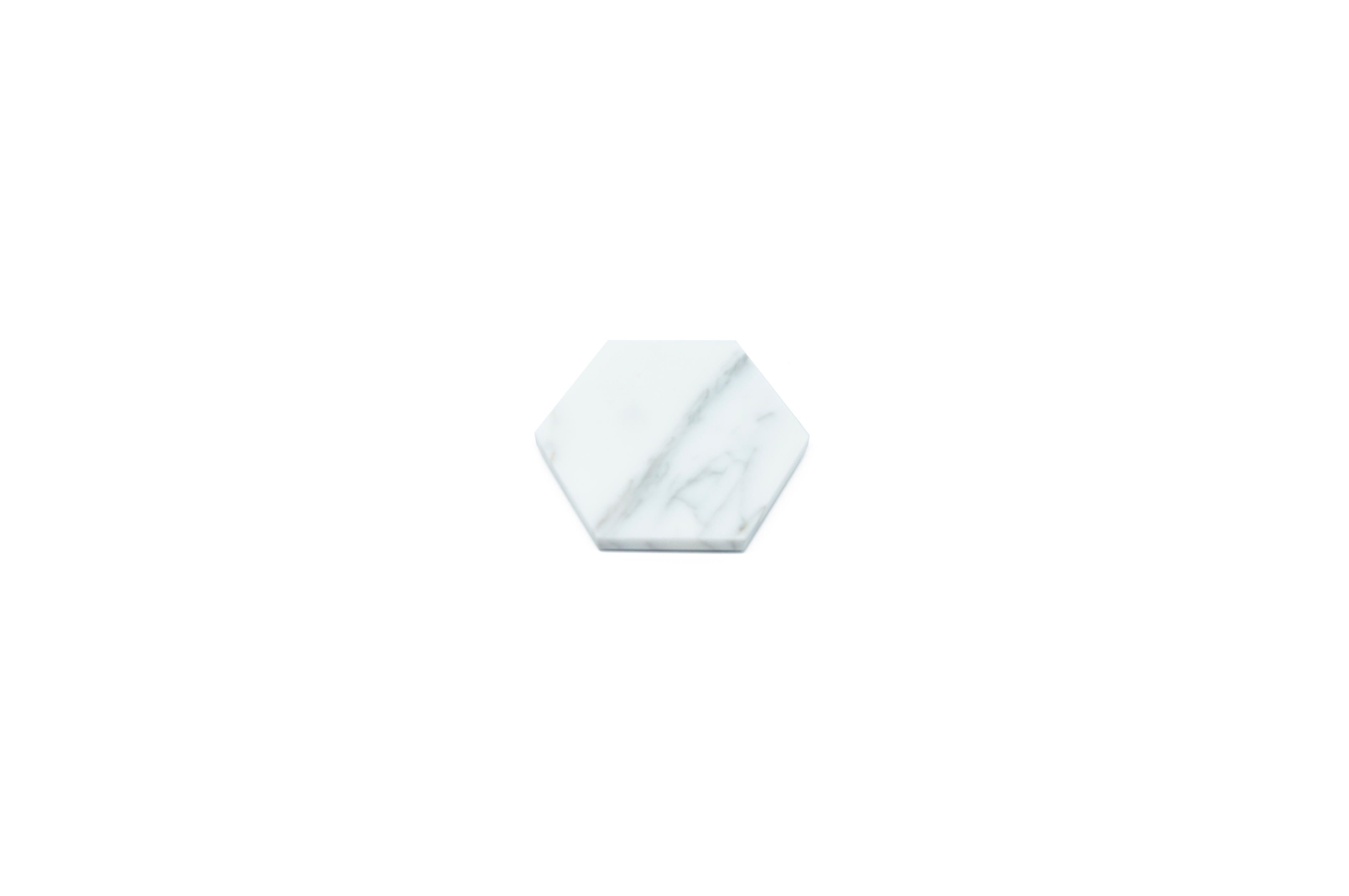 Hand-Crafted Handmade Set of 2 Hexagonal White Carrara Marble Coasters For Sale
