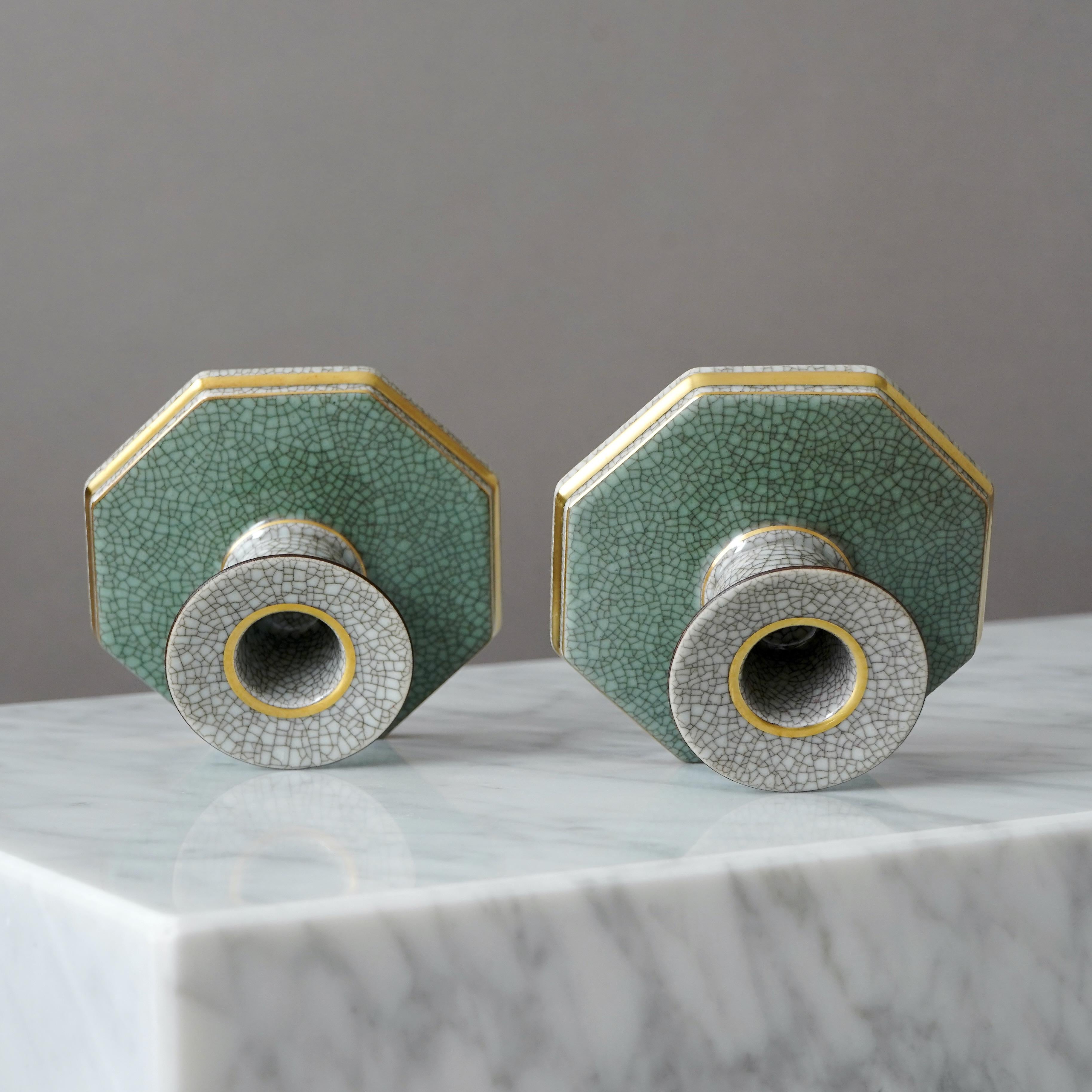 Scandinavian Modern Set of 2 Royal Copenhagen Crackle Glazed Candlesticks. Thorkild Olsen, 1957. For Sale