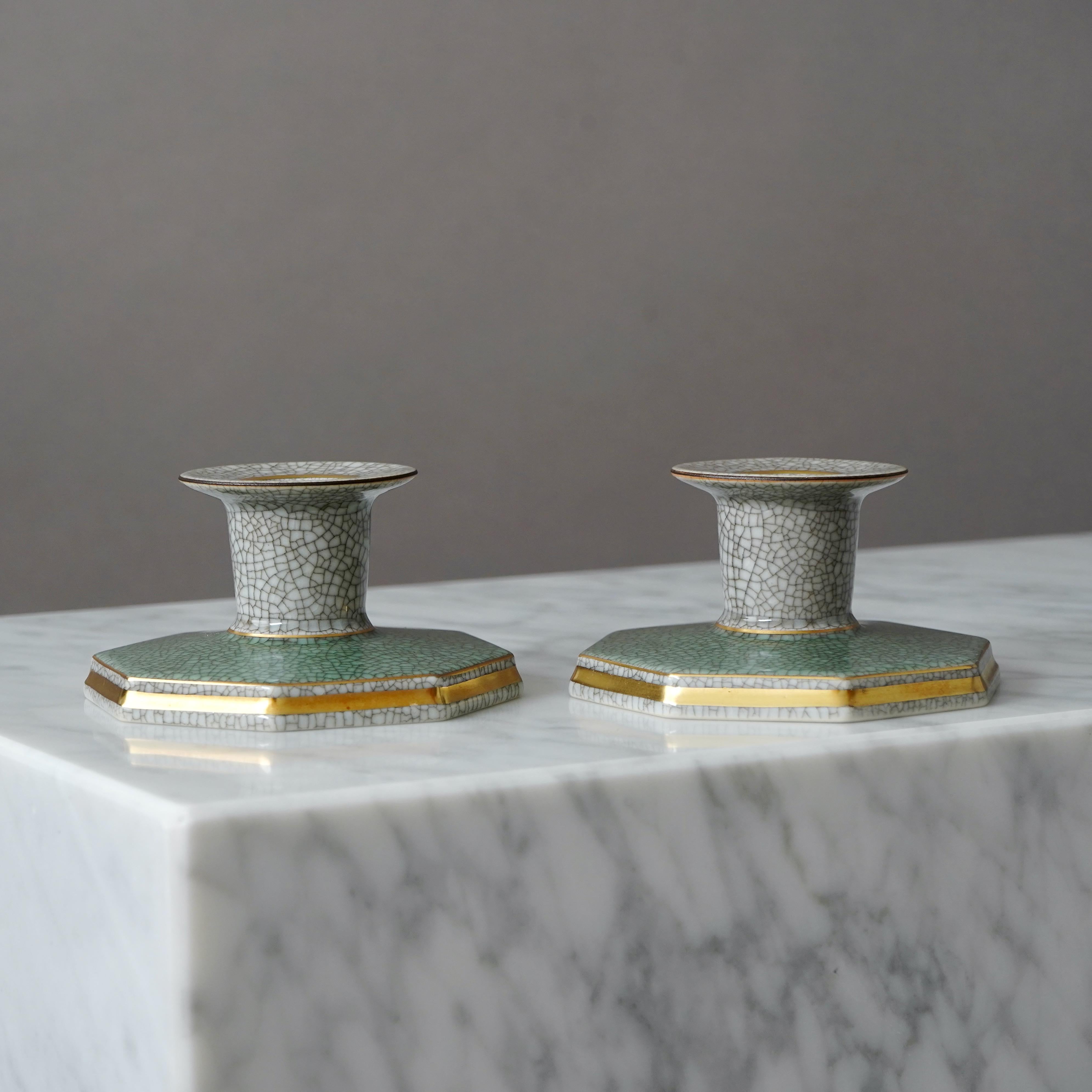 Ceramic Set of 2 Royal Copenhagen Crackle Glazed Candlesticks. Thorkild Olsen, 1957. For Sale