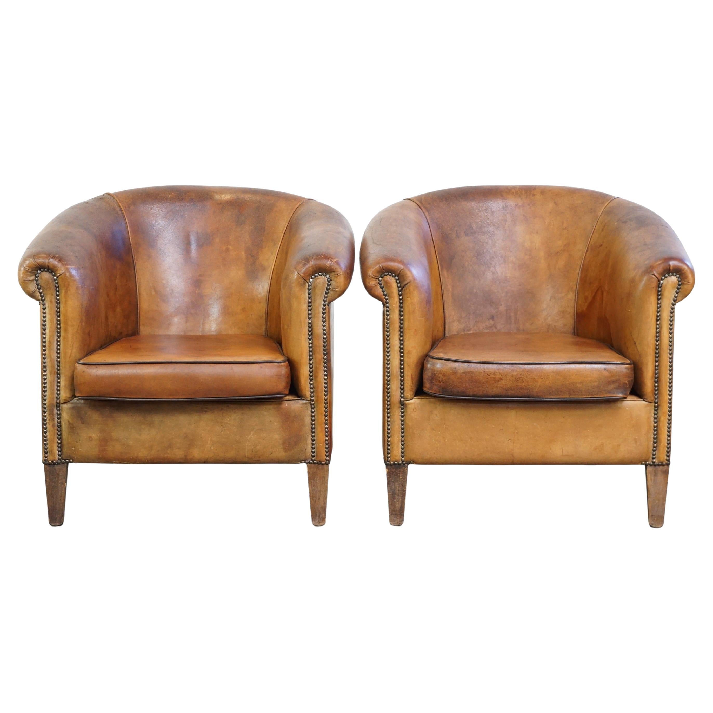 Set Of Two Rugged Sheep Leather Club Armchairs With A Photo Inspiration