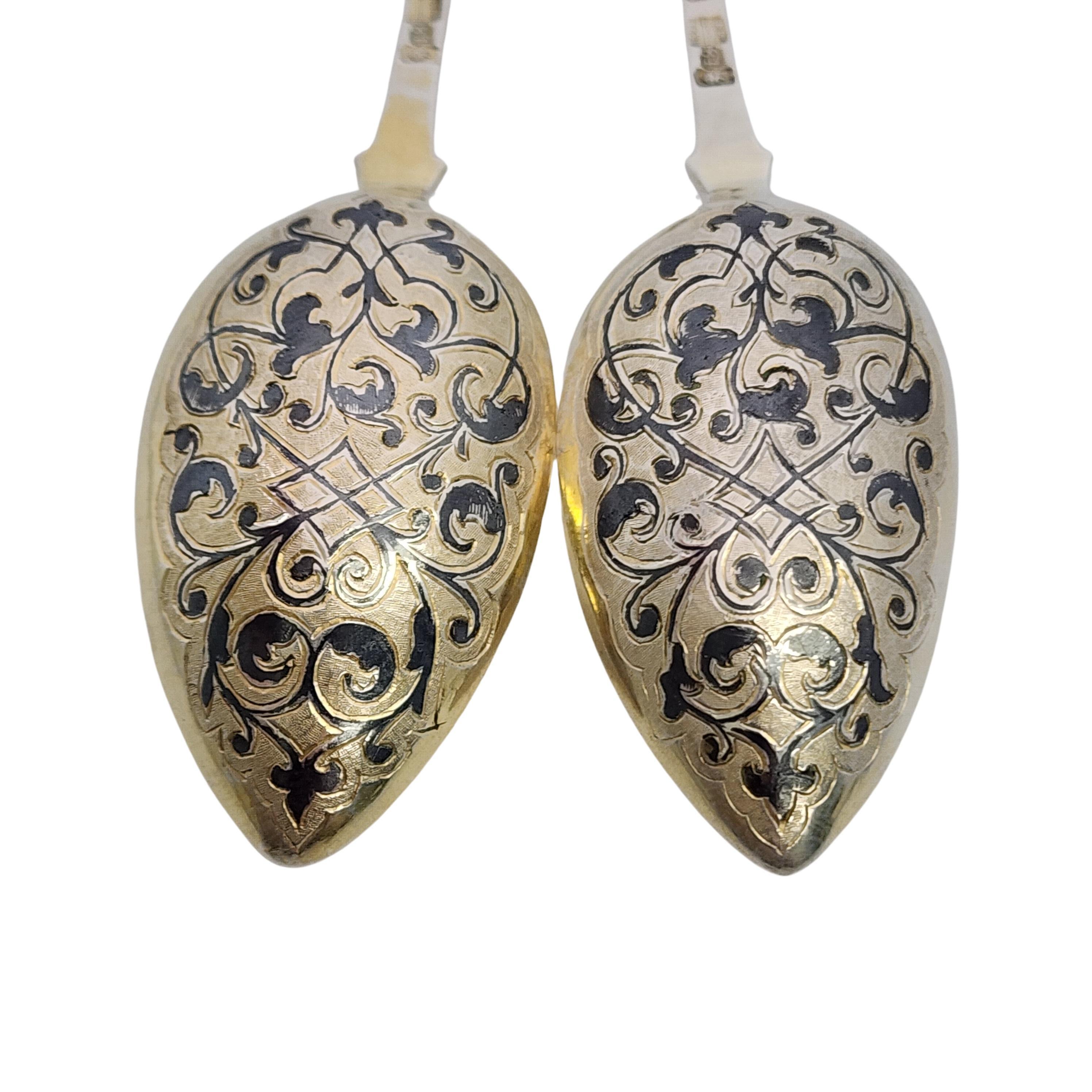 Set of 2 Russian 84 Zolotnik Imperial Silver Gold Wash and Enamel Spoons #16819 For Sale 3