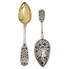 Antique Set of 2 Russian 84 Zolotnik Imperial Silver Gold Wash and Enamel Spoons #16819