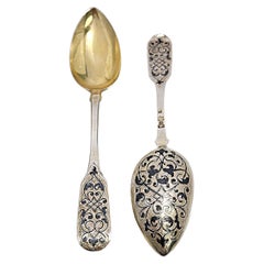 Set of 2 Russian 84 Zolotnik Imperial Silver Gold Wash and Enamel Spoons #16819