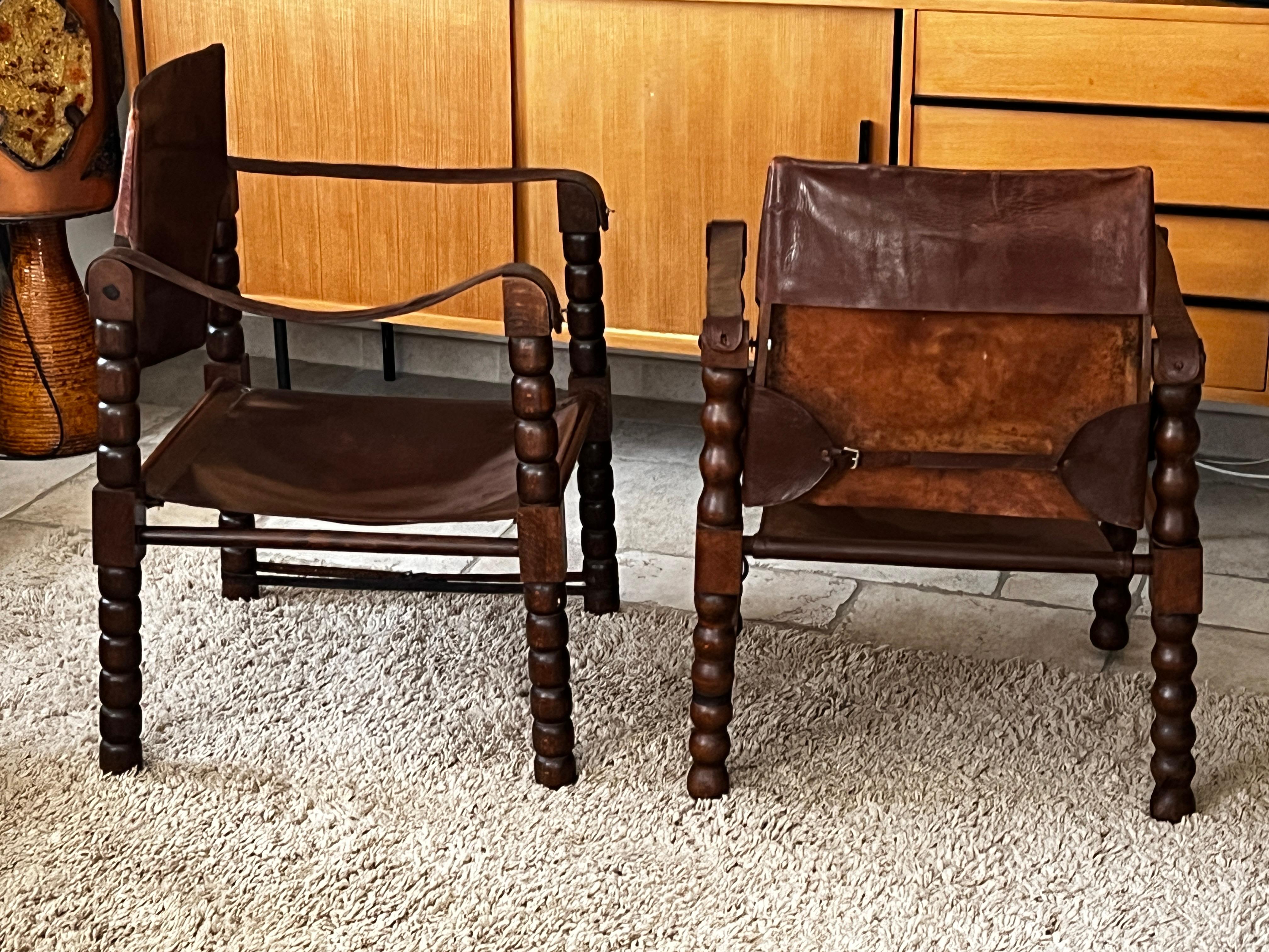French Set of 2 Safari Chairs Attributed to Charles Dudouyt 1950