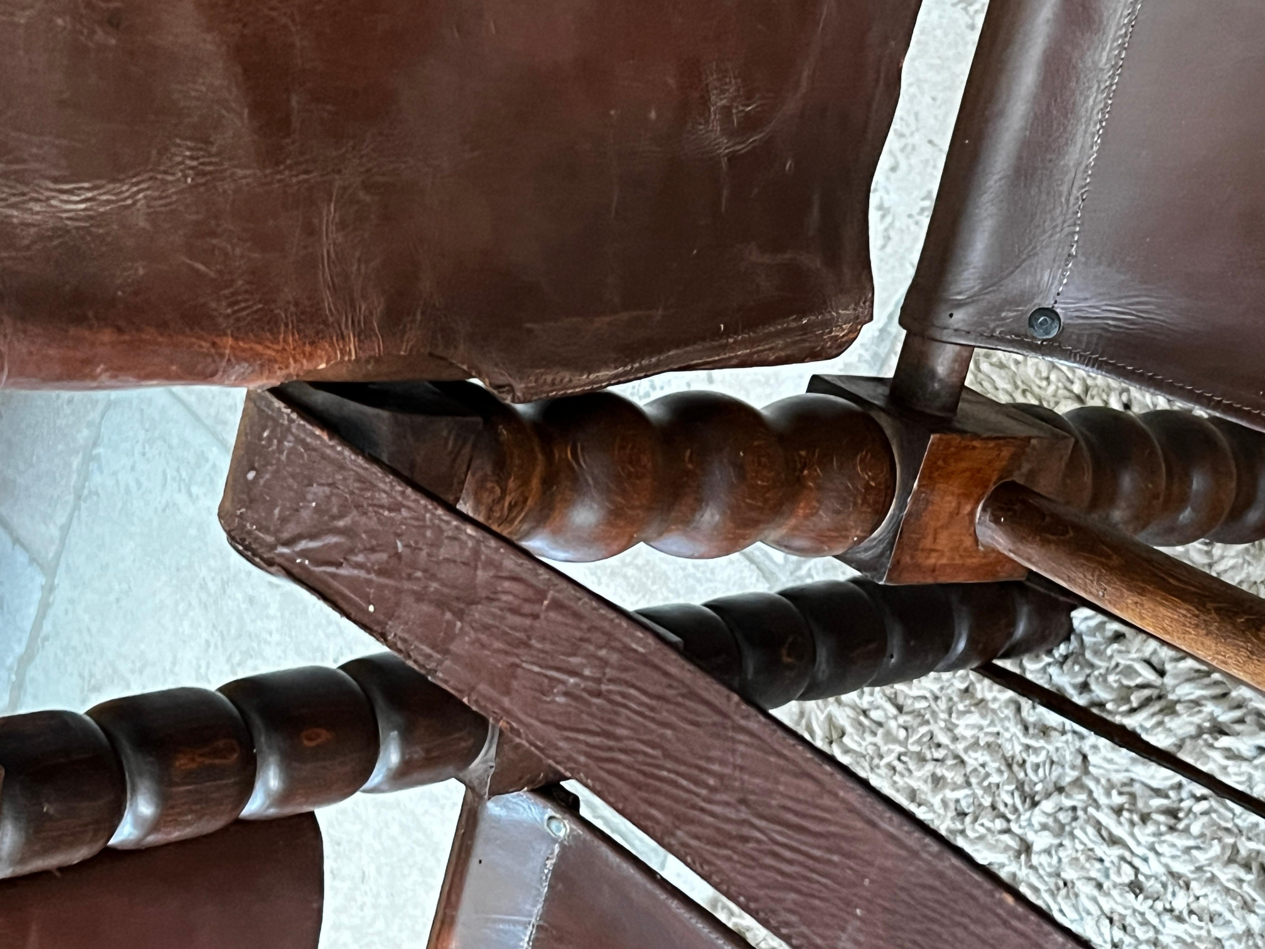 Leather Set of 2 Safari Chairs Attributed to Charles Dudouyt 1950