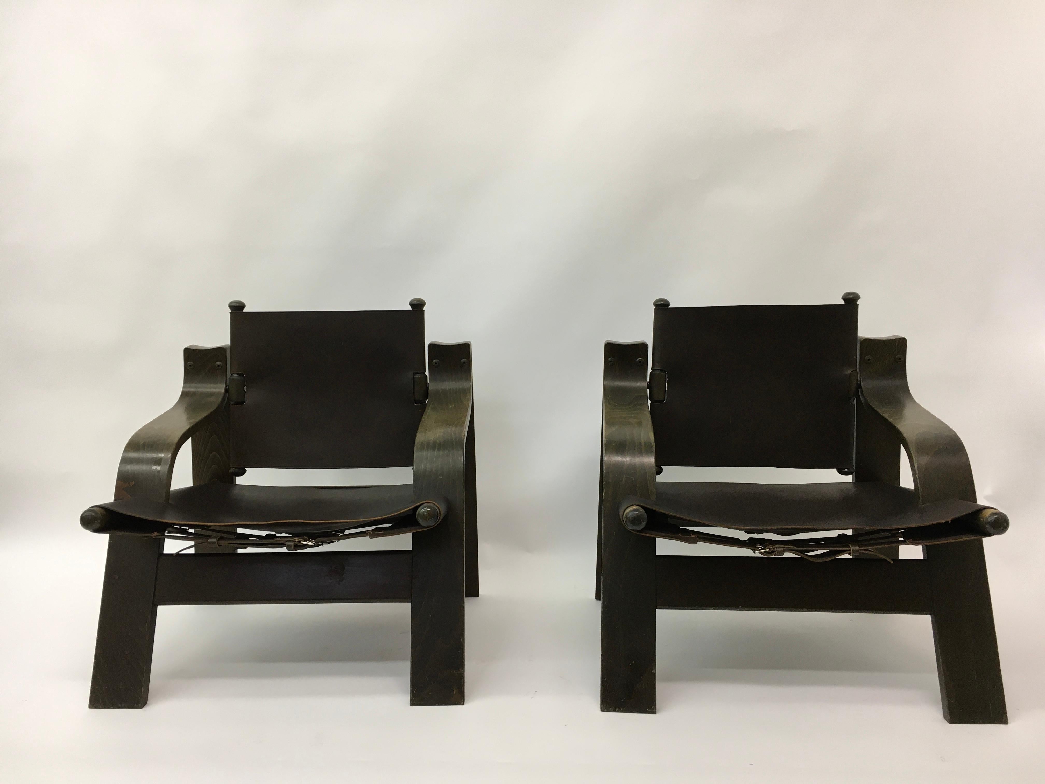 Leather Set of 2 Safari lounge chairs, 1970’s For Sale