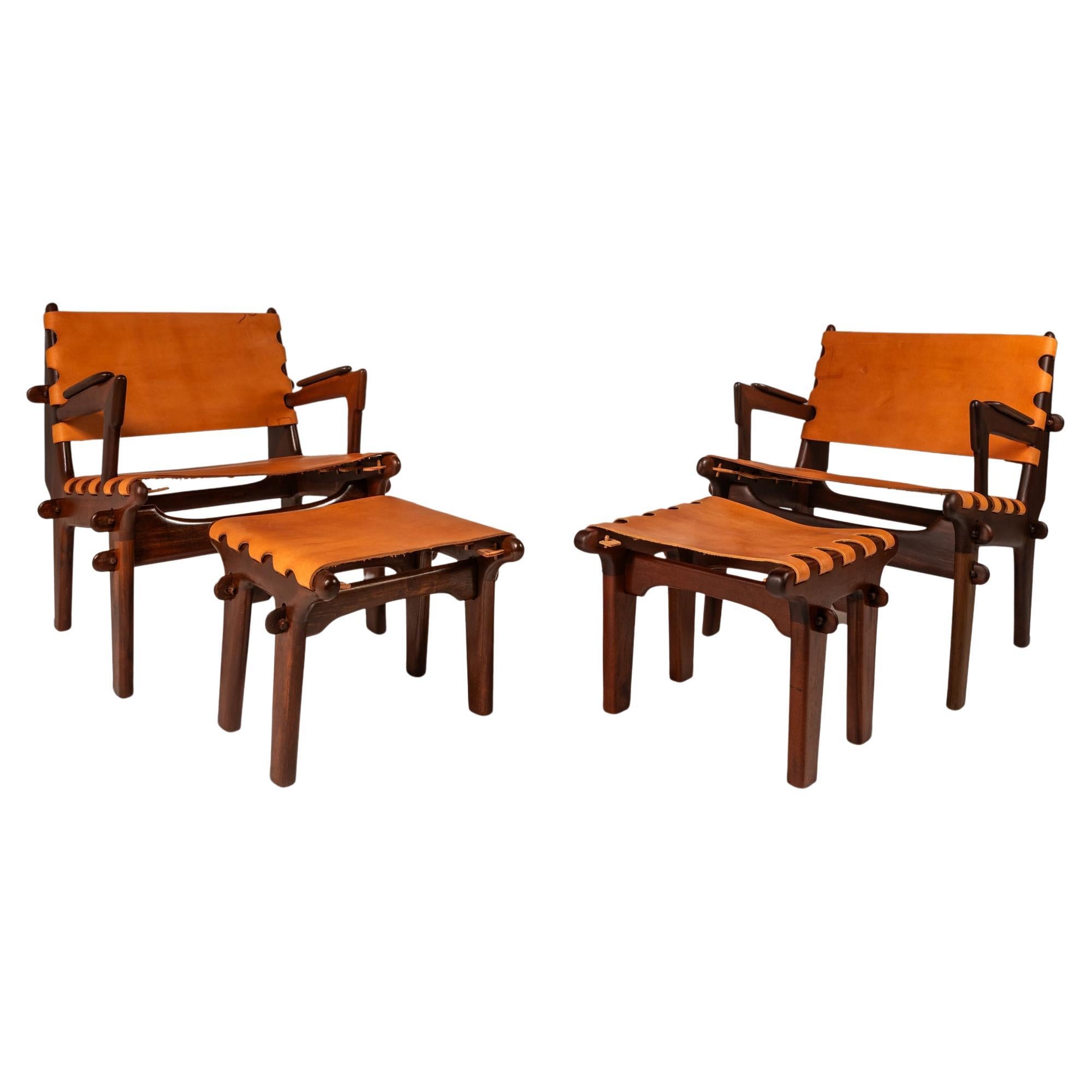 Set of 2 Safari Lounge Chairs w/ Ottomans by Angel Pazmino, Ecuador, c. 1960s