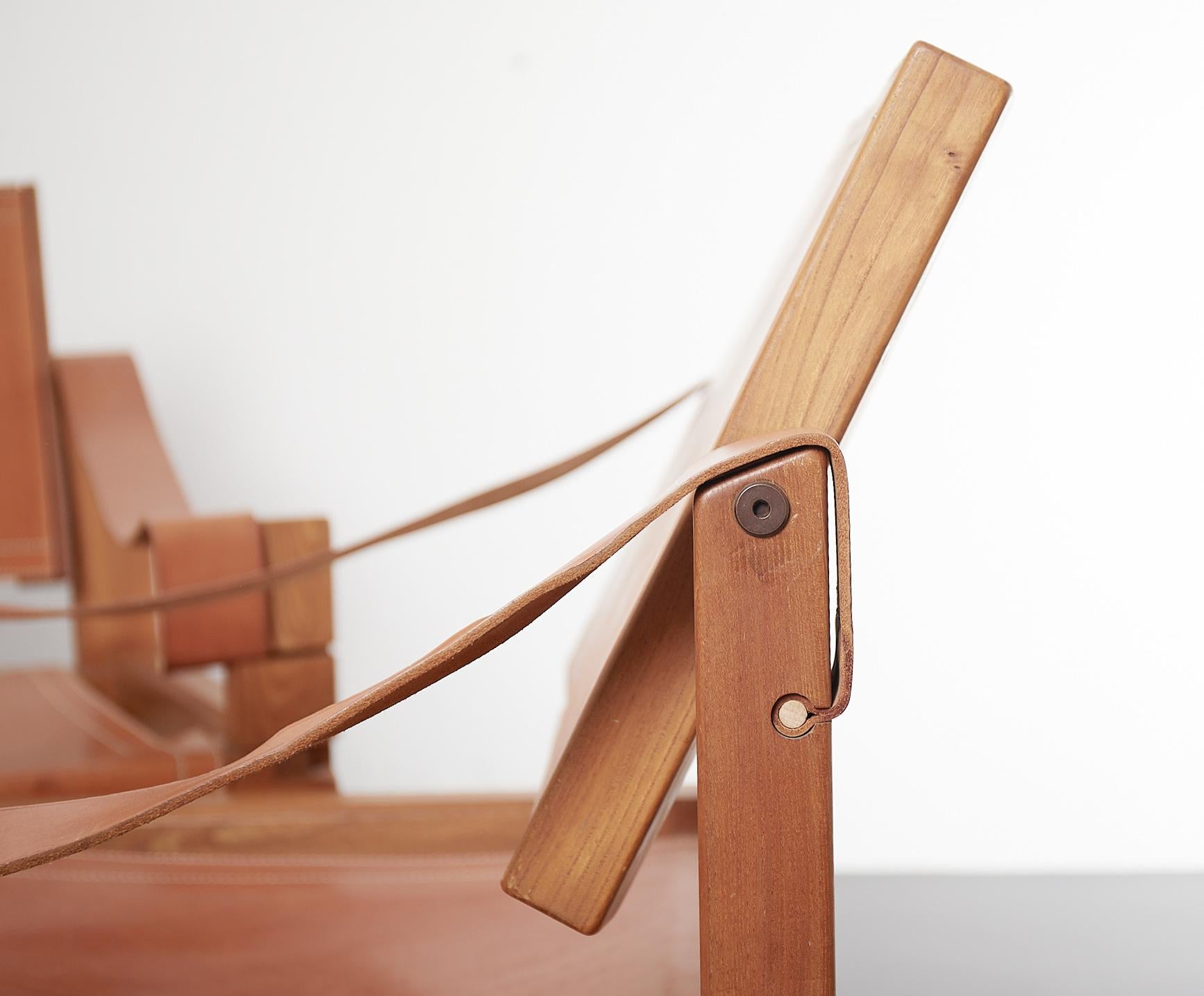 Cuir Ensemble de 2 chaises longues Sahara S10 de Pierre Chapo en bois d'orme massif et cuir