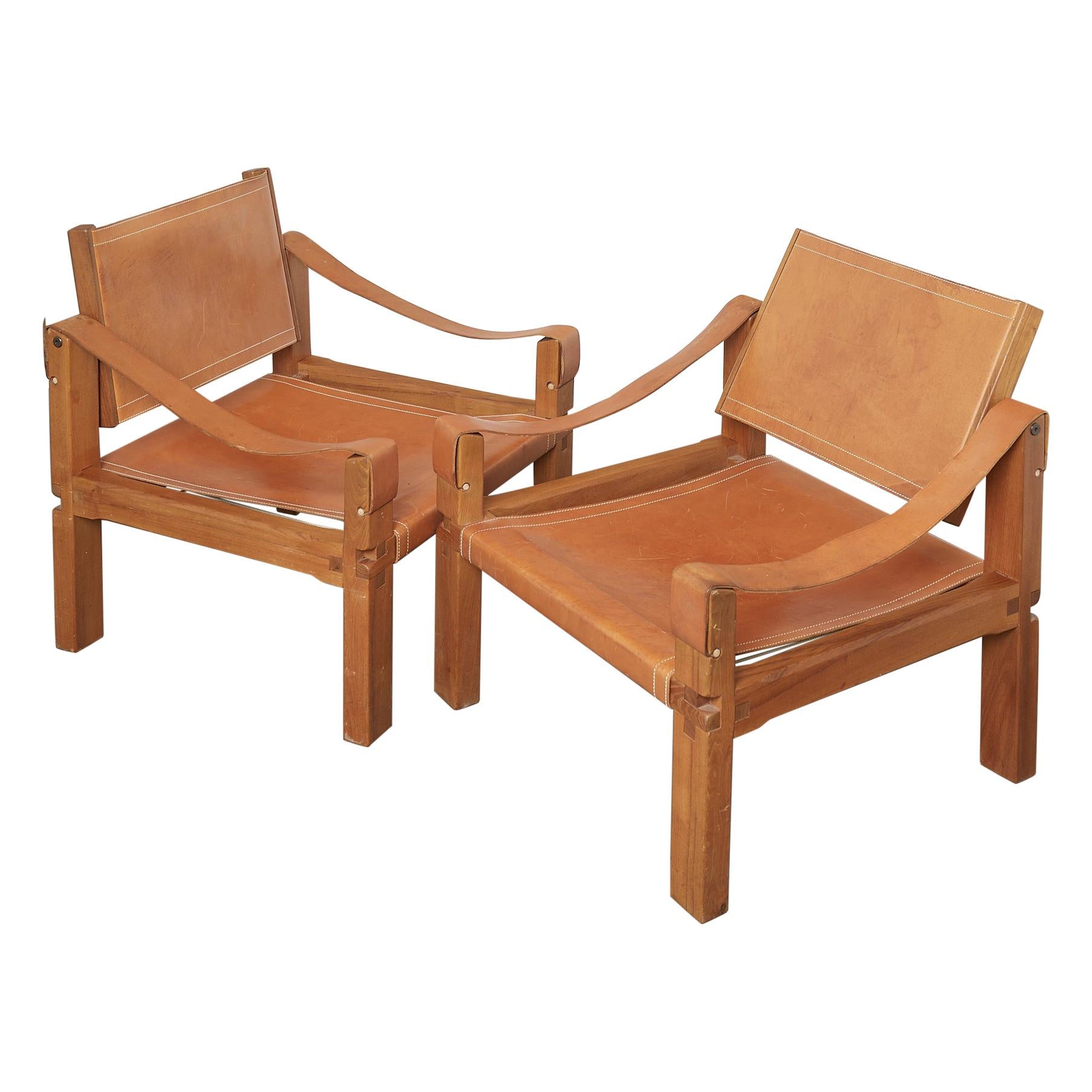 Ensemble de 2 chaises longues Sahara S10 de Pierre Chapo en bois d'orme massif et cuir