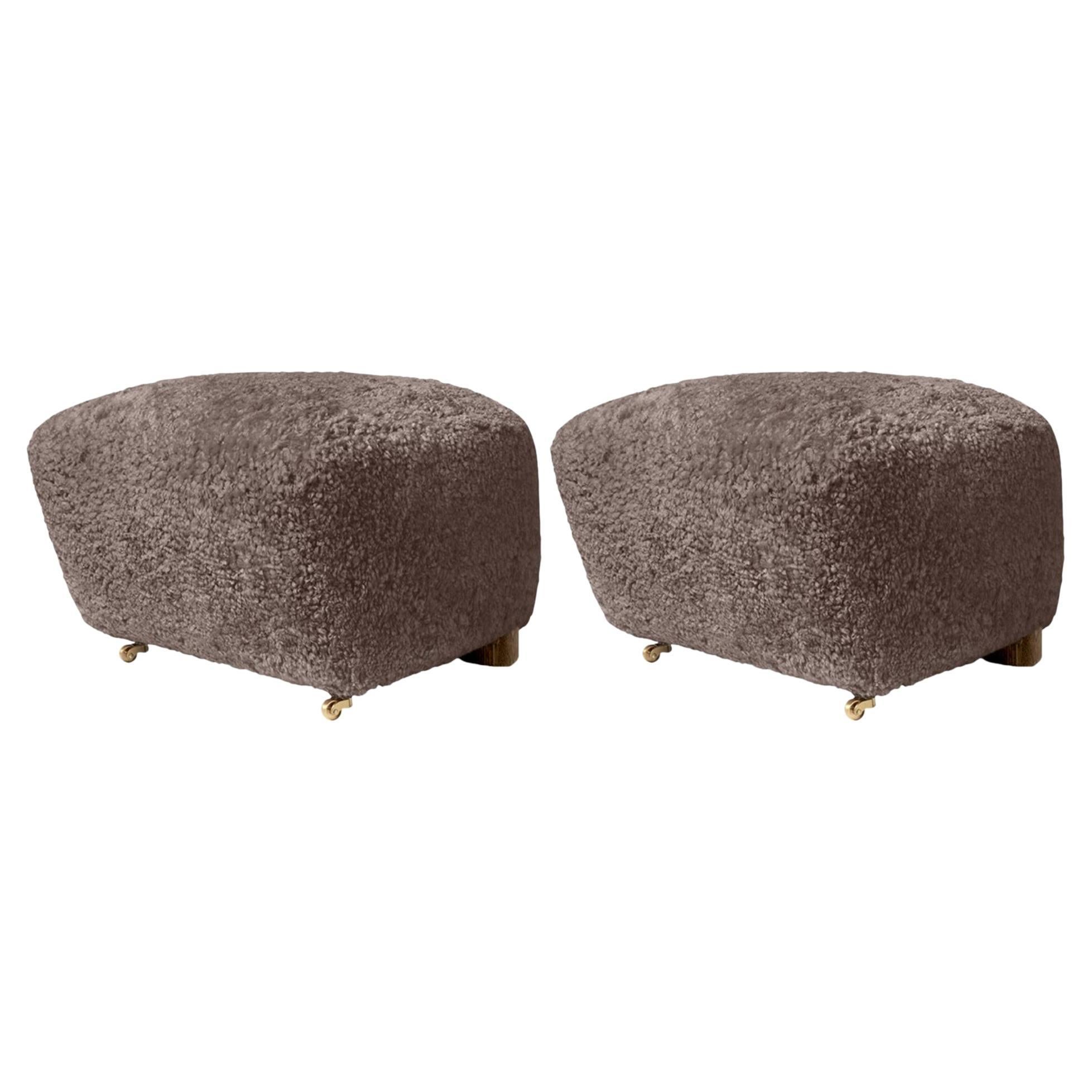 Set of 2 Sahara Smoked Oak Sheepskin the Tired Man Footstools by Lassen For Sale