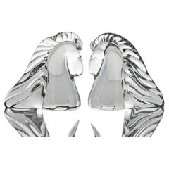 Set of 2 Saint Louis Horse Heads Clear Crystal Glass Sculptures, France