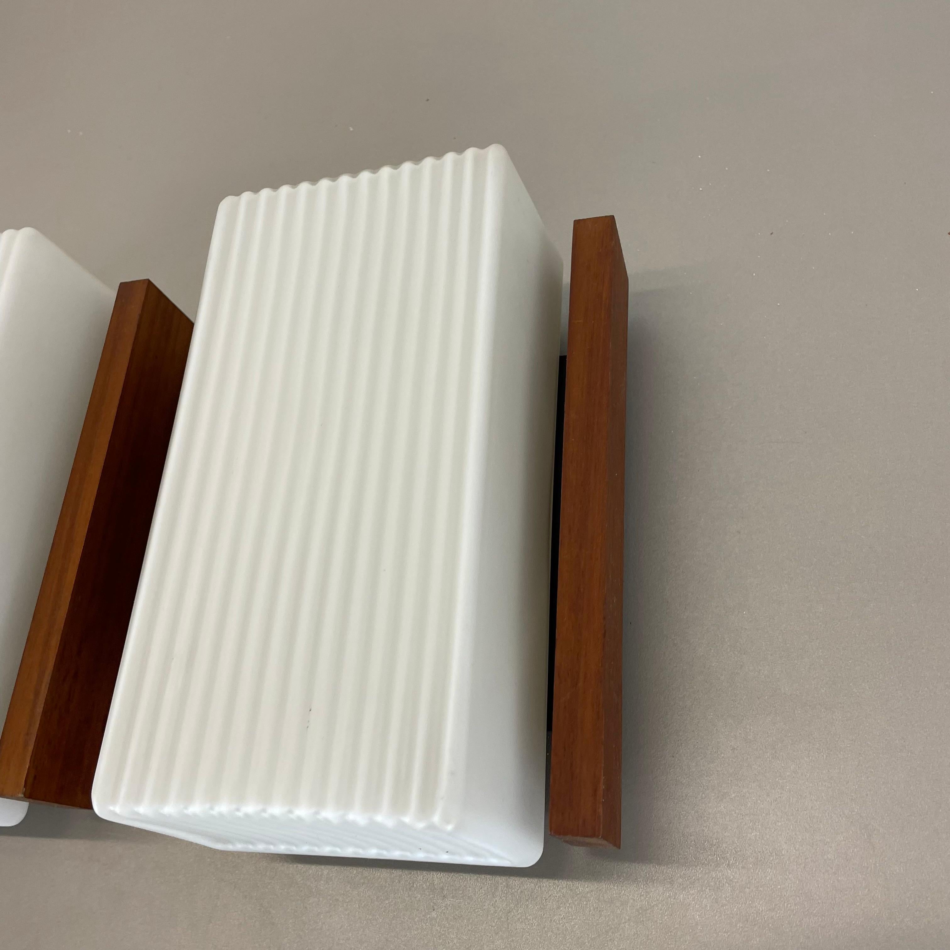 Set of 2 satin white glass and teak Wall Lights by BEGA Lights, Germany 1960s For Sale 4