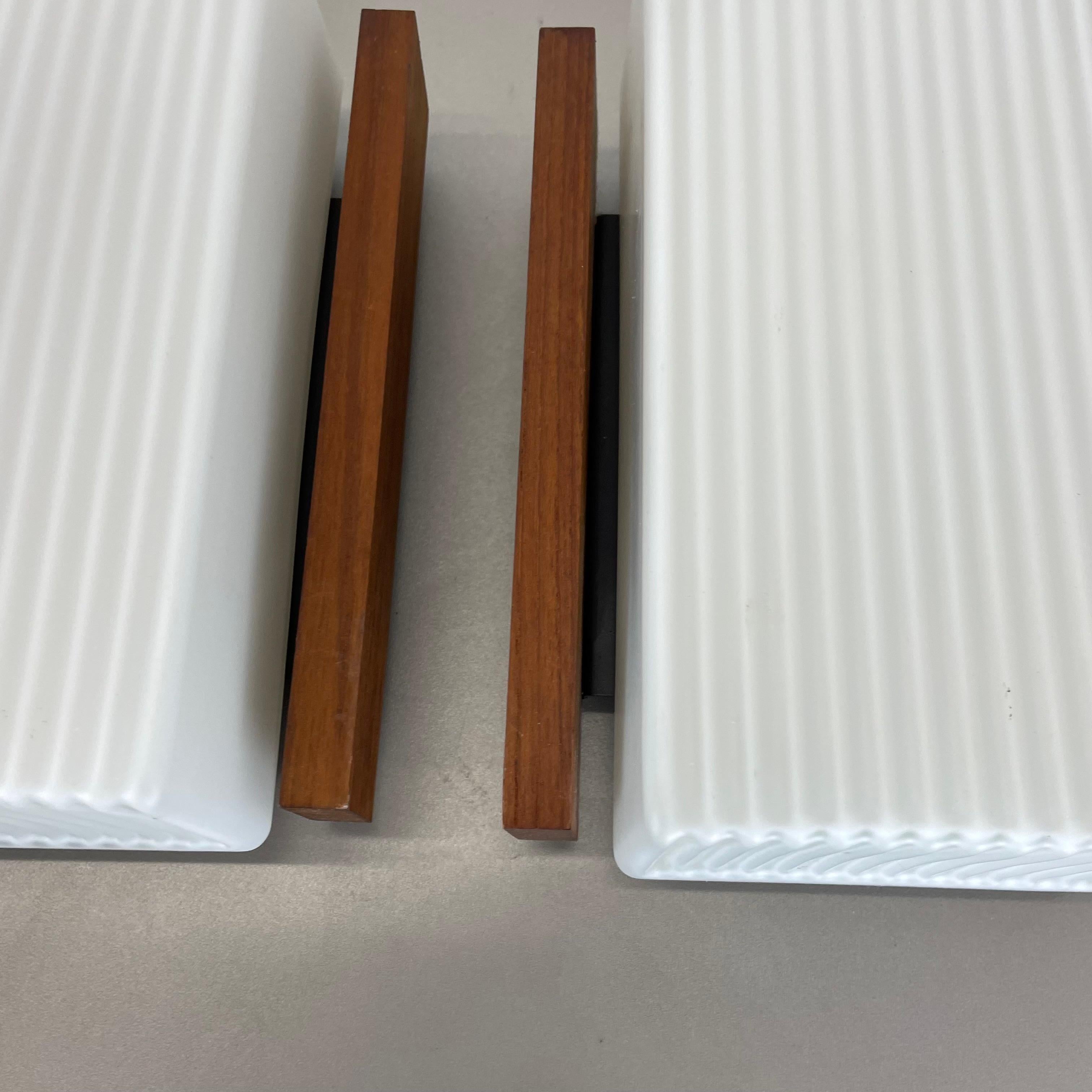 Set of 2 satin white glass and teak Wall Lights by BEGA Lights, Germany 1960s For Sale 7