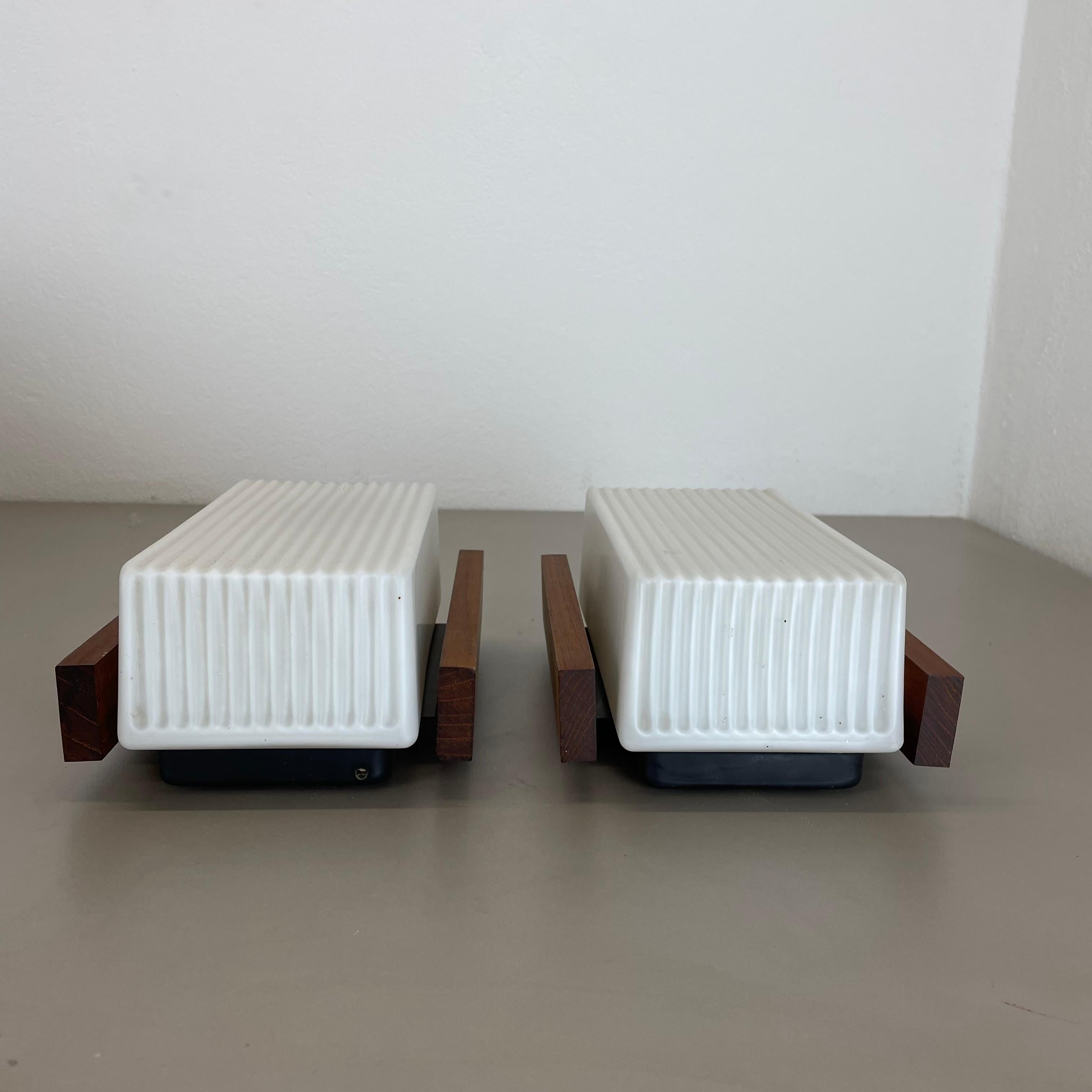 Set of 2 satin white glass and teak Wall Lights by BEGA Lights, Germany 1960s For Sale 8