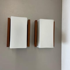 Set of 2 satin white glass and teak Wall Lights by BEGA Lights, Germany 1960s