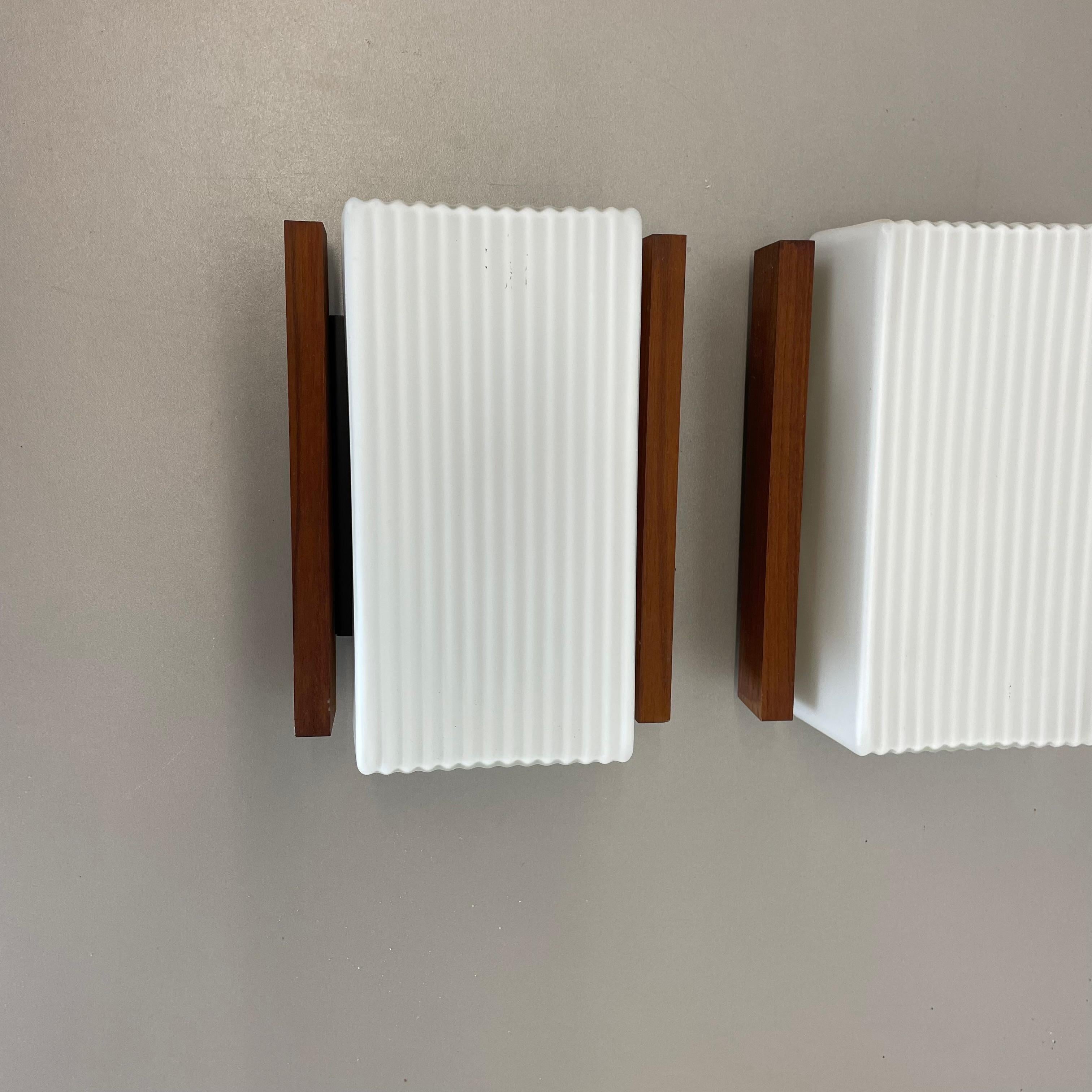 Set of 2 satin white glass and teak Wall Lights by BEGA Lights, Germany 1960s In Good Condition For Sale In Kirchlengern, DE