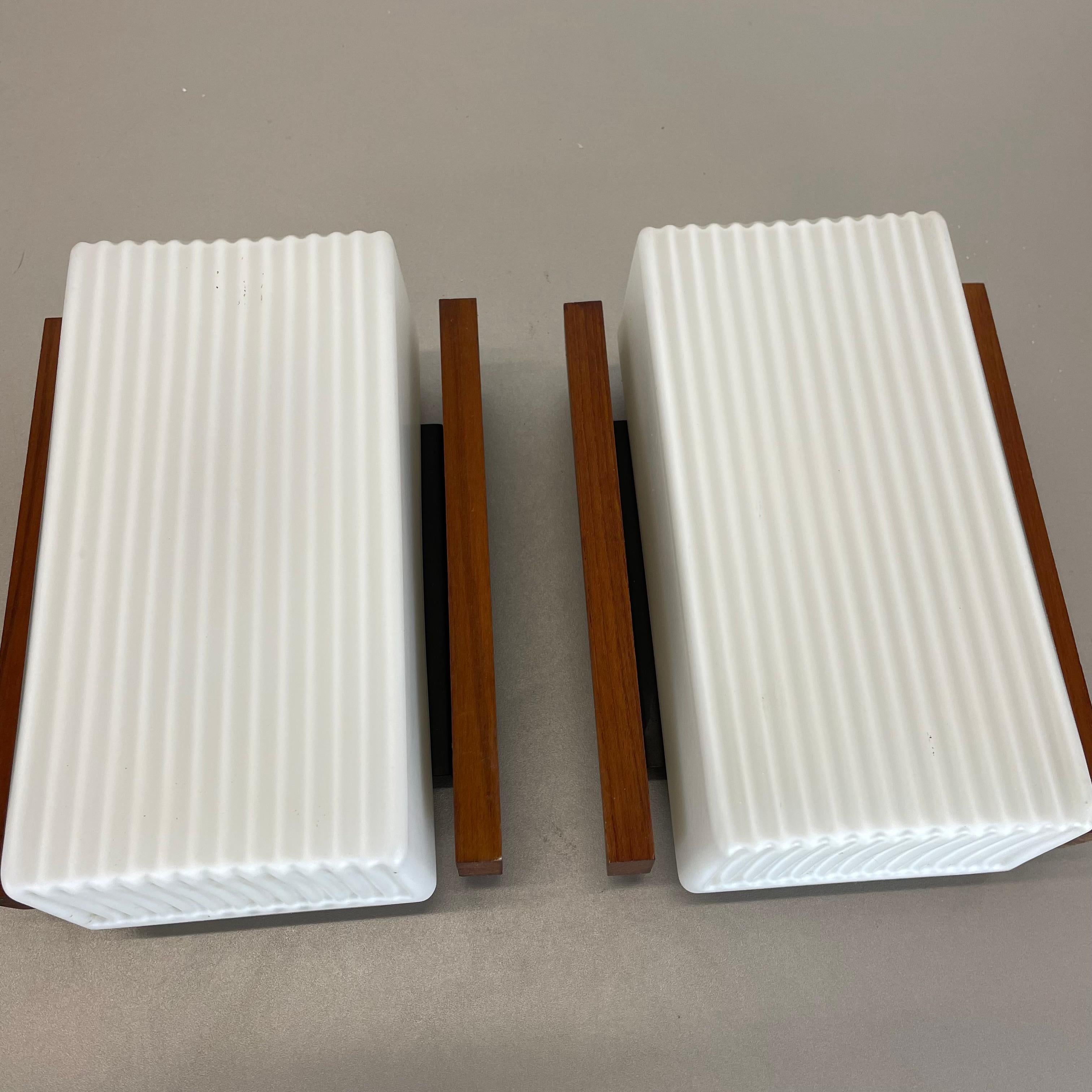 Set of 2 satin white glass and teak Wall Lights by BEGA Lights, Germany 1960s For Sale 2
