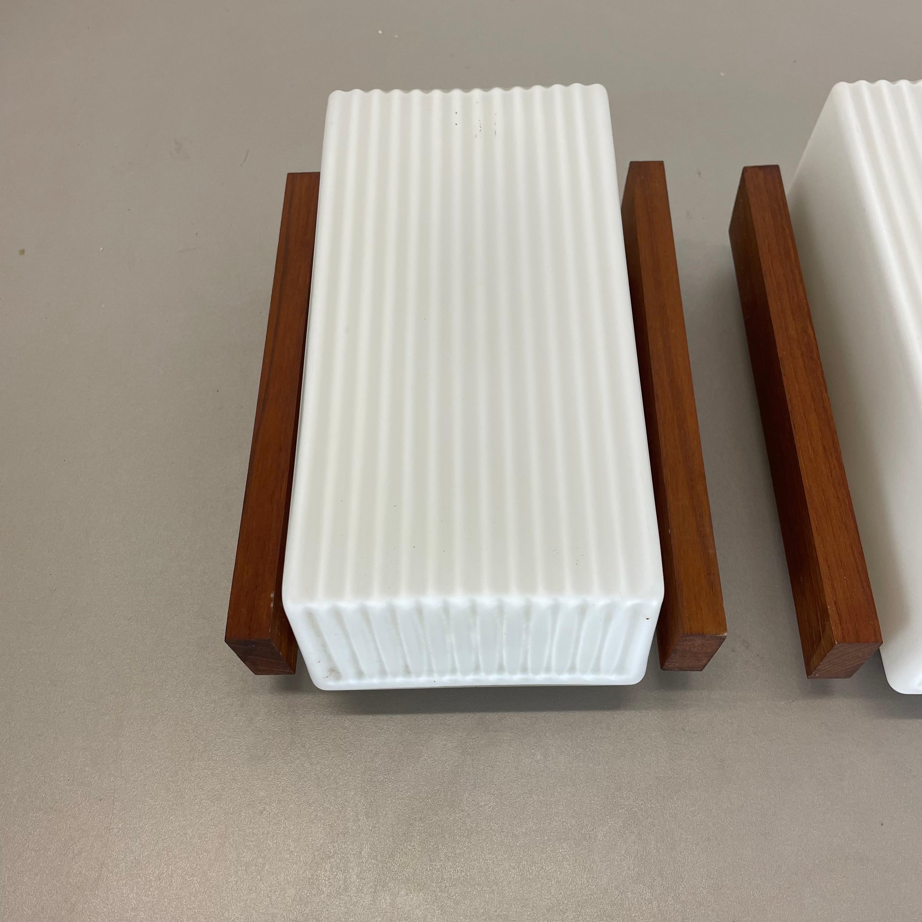 Set of 2 satin white glass and teak Wall Lights by BEGA Lights, Germany 1960s For Sale 3