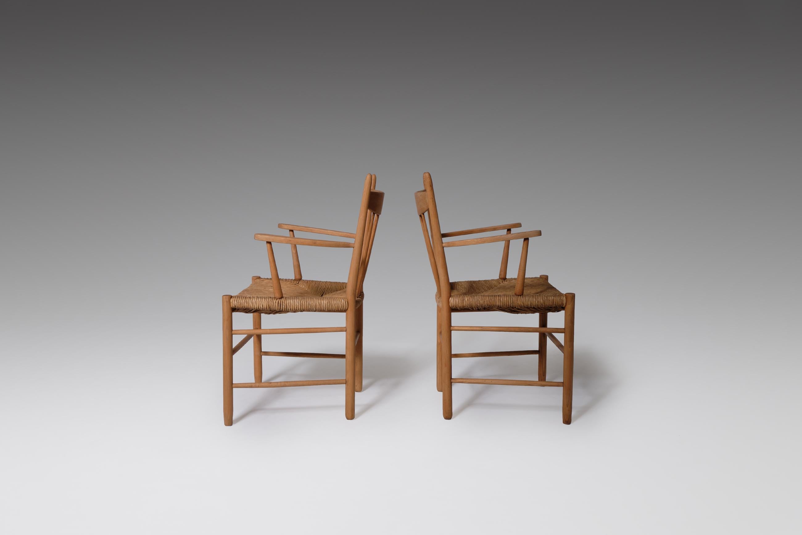 Danish Set of 2 Scandinavian Oak and Rush Side Chairs
