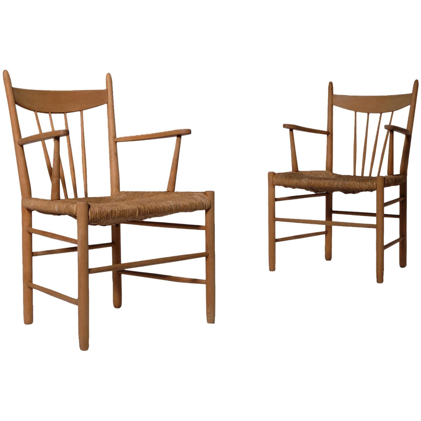 Set of 2 Scandinavian Oak and Rush Side Chairs