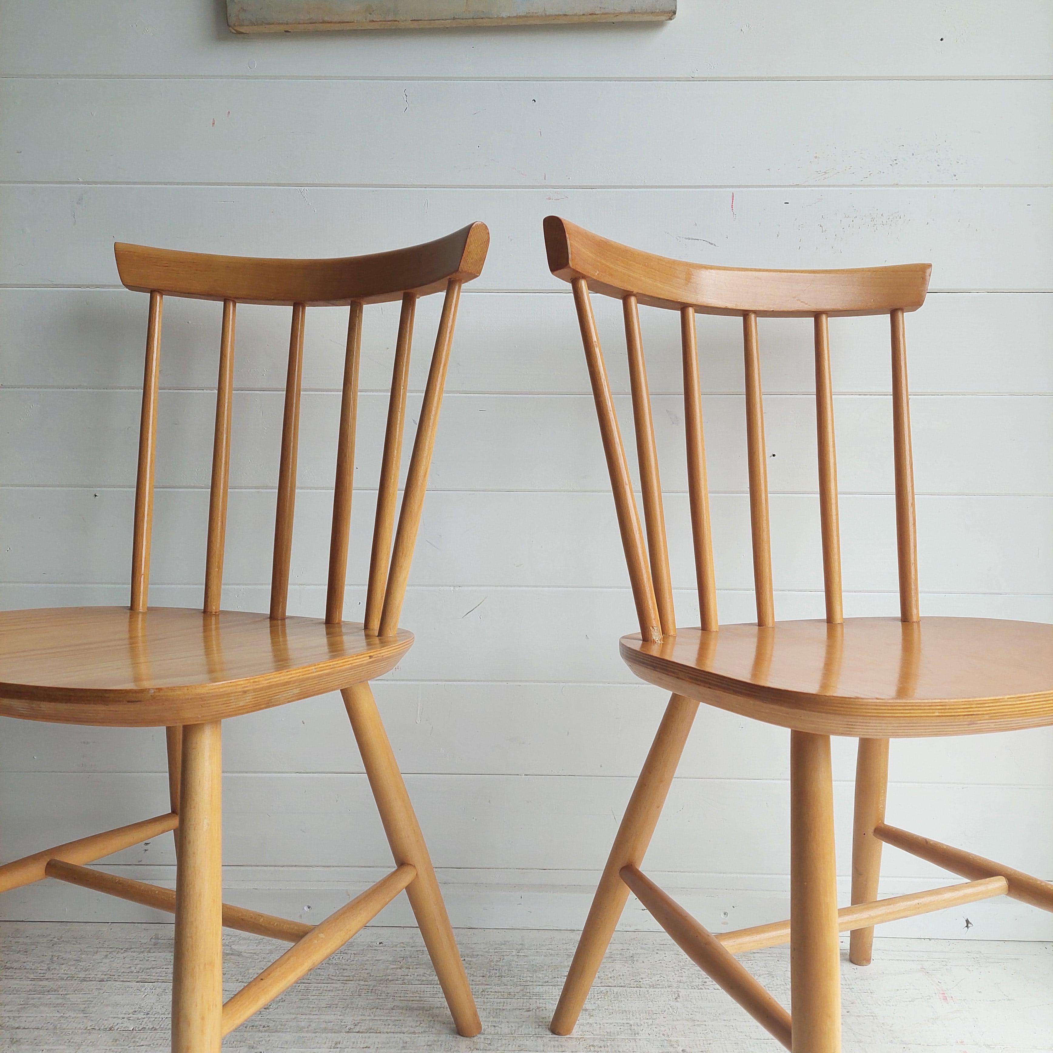 Set Of 2 Scandinavian Zpm Radomsko Spindle Back Dining Chairs 50s 60s 1