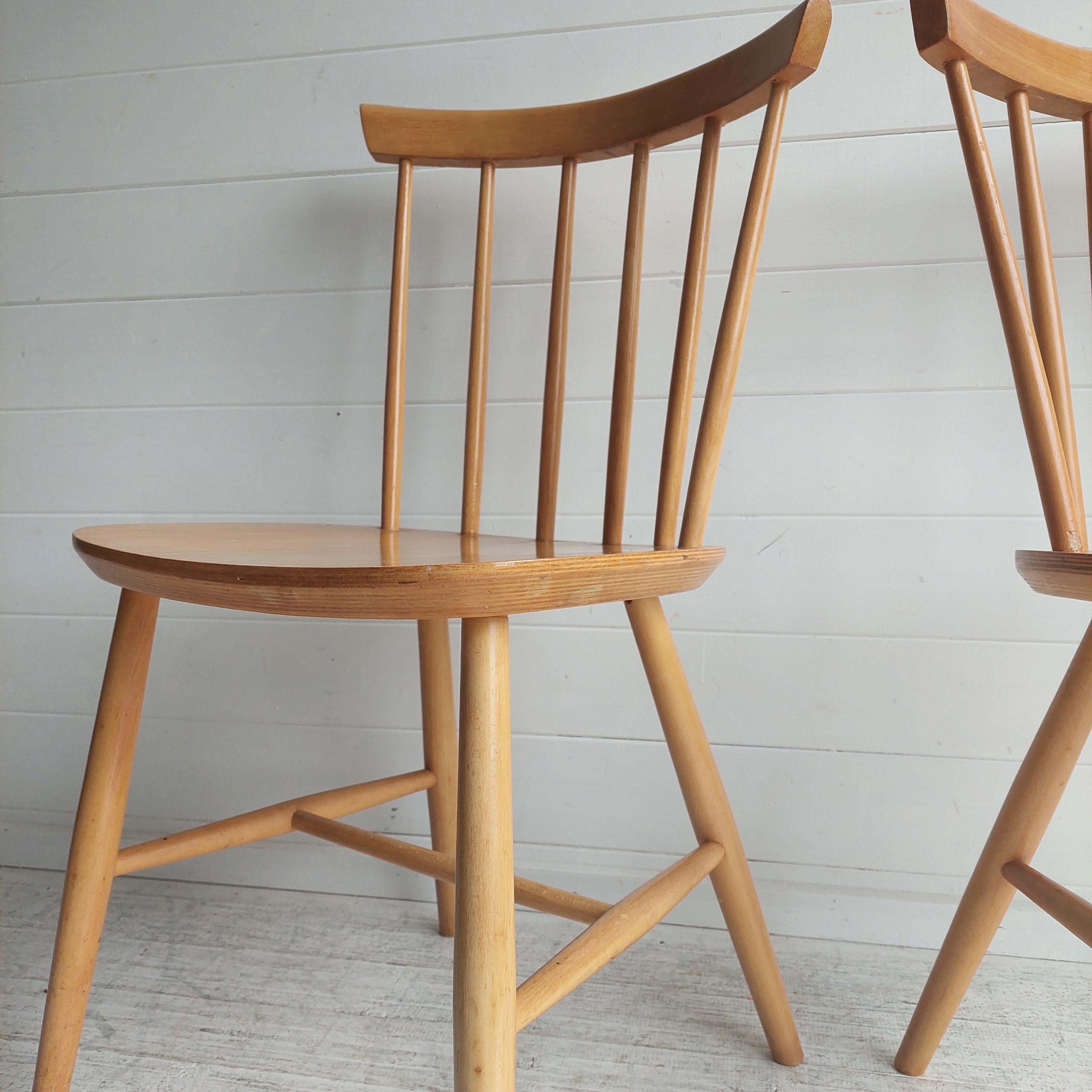 Set Of 2 Scandinavian Zpm Radomsko Spindle Back Dining Chairs 50s 60s 2