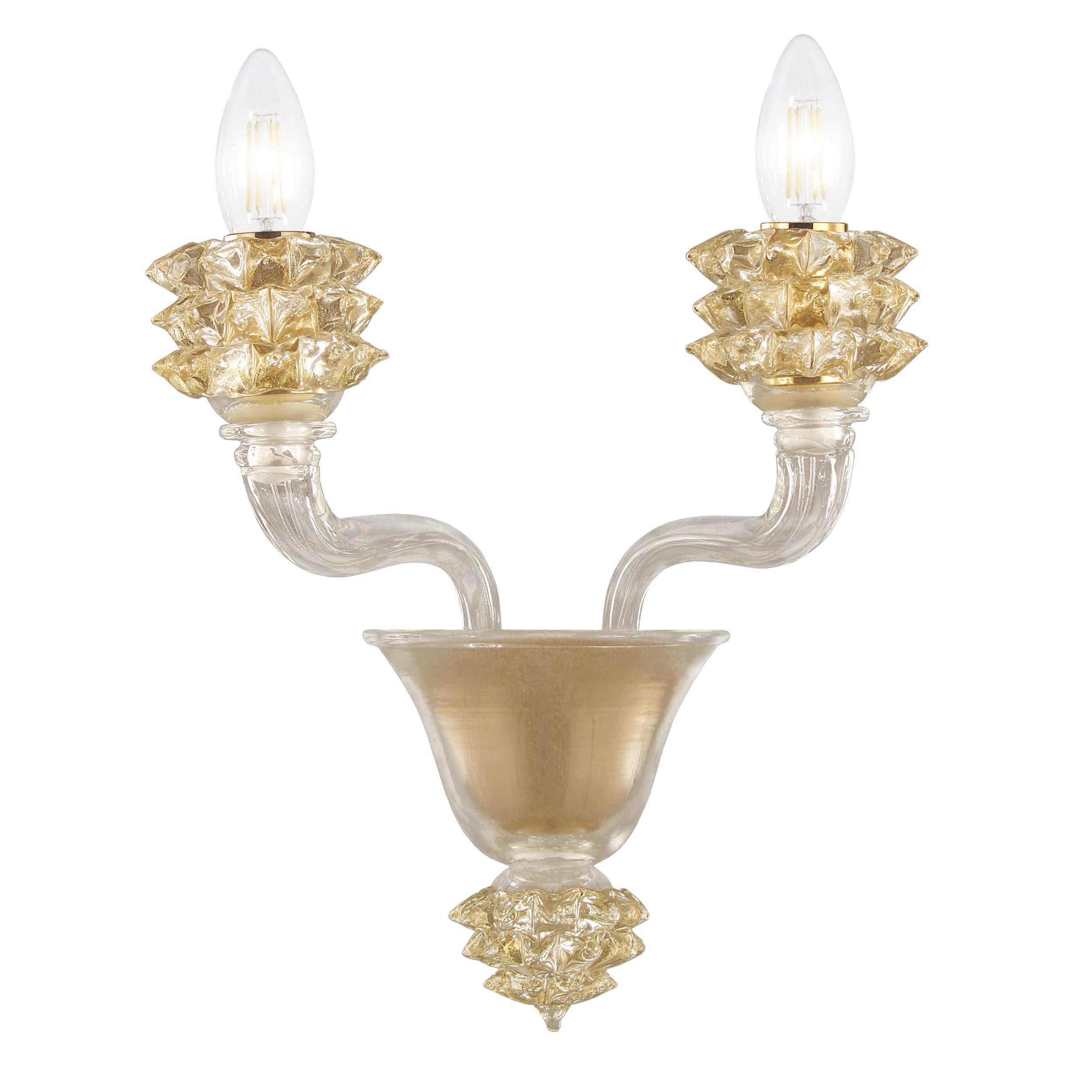 2er Set Wandleuchter 2-Armig klares Murano Glas Gold Rostri Details von Multiforme im Angebot 1