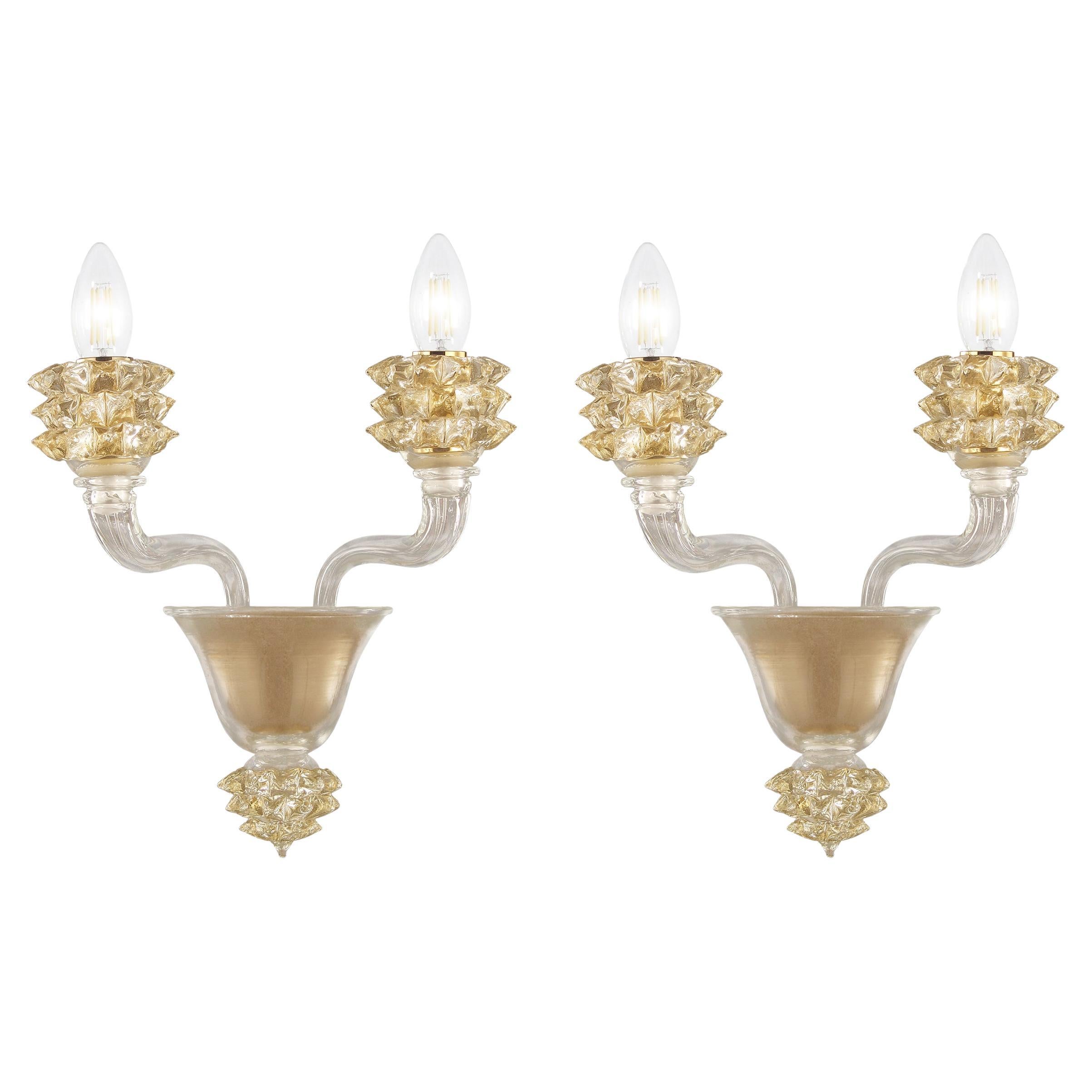 Set of 2 Sconce 2 Arms clear Murano Glass Gold Rostri Details by Multiforme