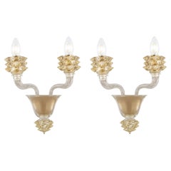 Set of 2 Sconce 2 Arms clear Murano Glass Gold Rostri Details by Multiforme