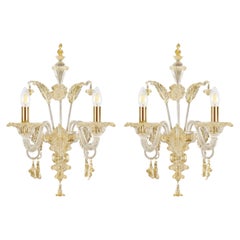 Set of 2 sconce Artistic Murano flower Clear and Gold Glass Toffee by Multiforme