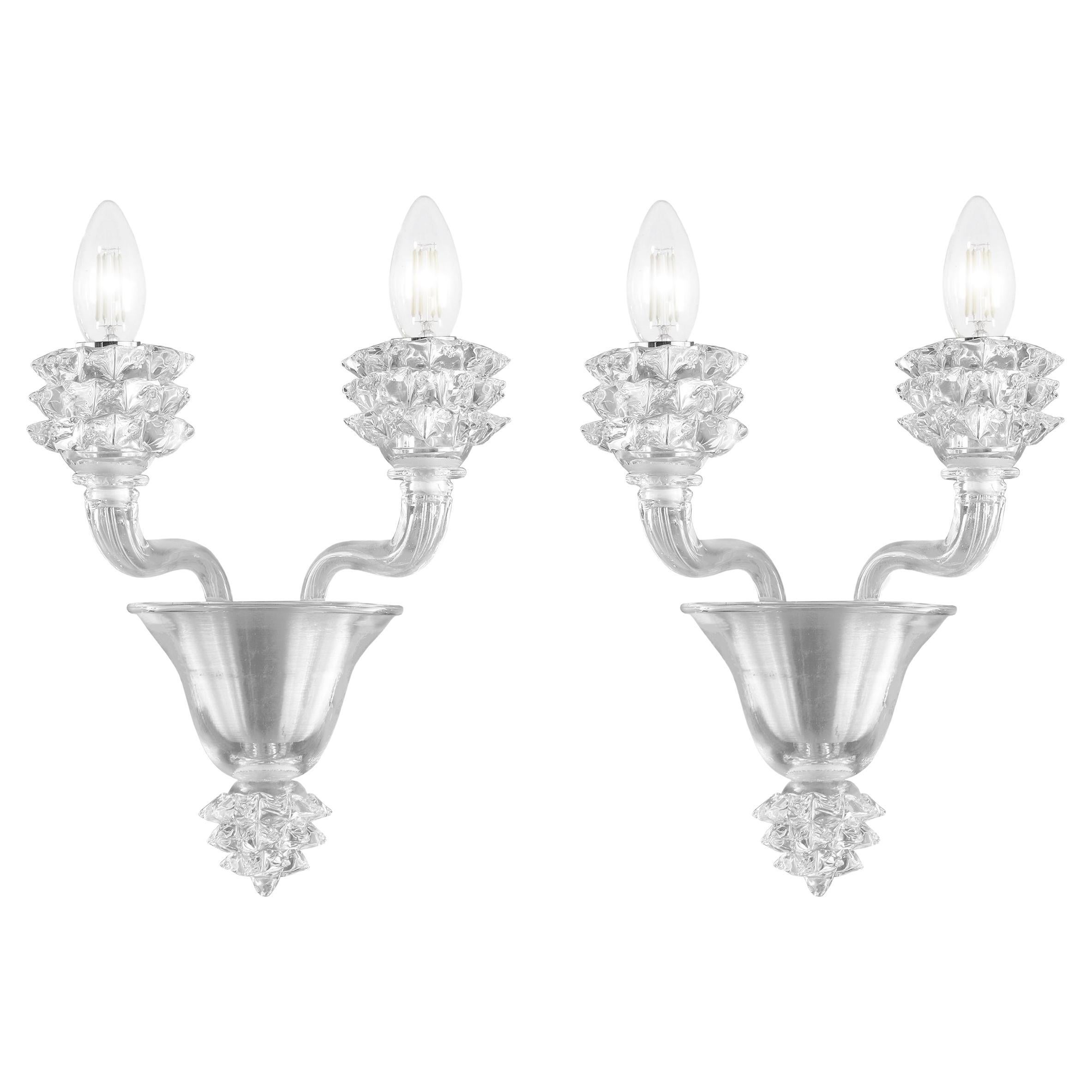 Set of 2 Sconces 2 Arms Clear Murano Glass, Clear Rostri technique by Multiforme