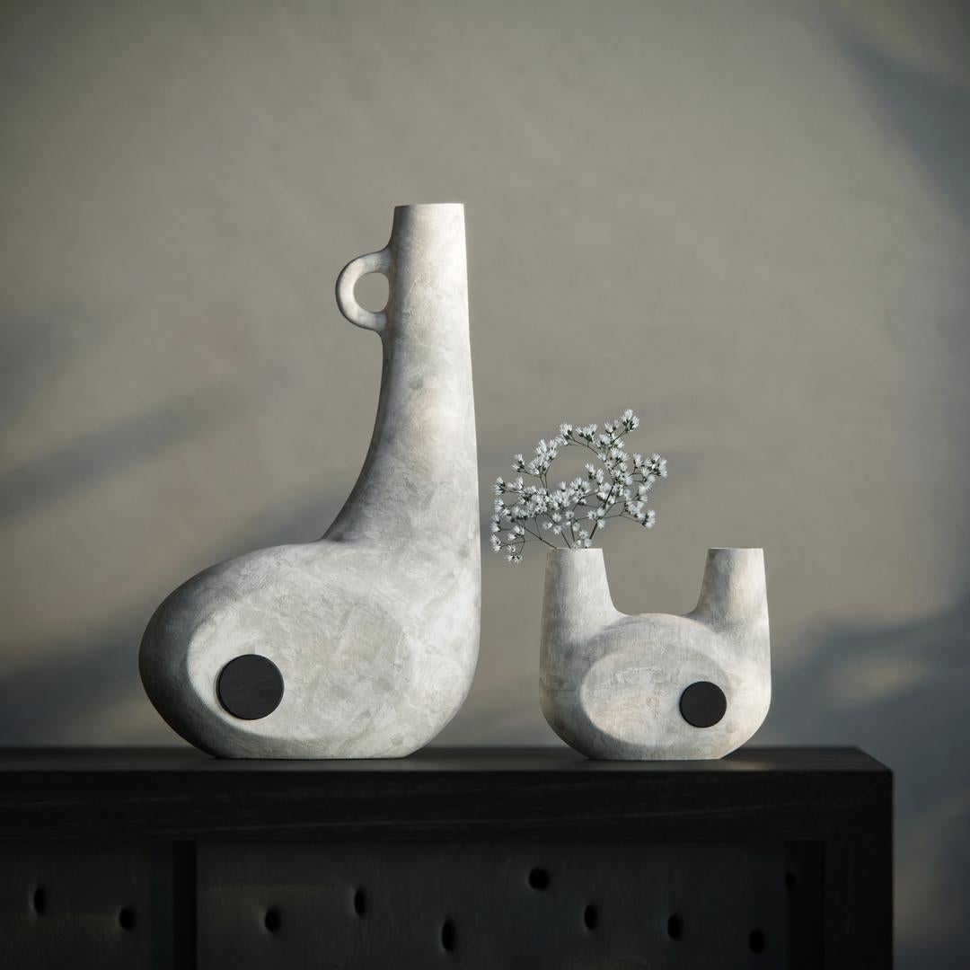 Clay Set of 2 Sculpted Ceramic Vase by Faina For Sale