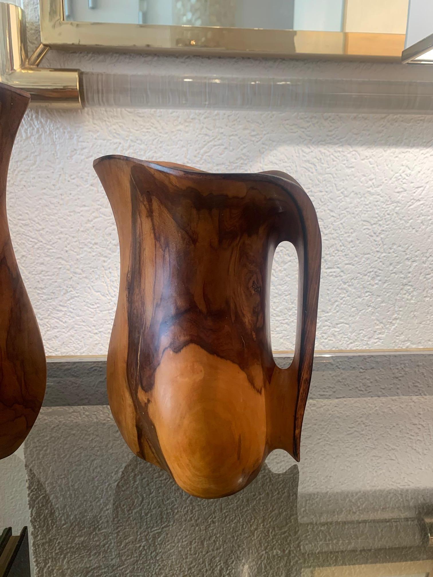 Hand-Carved Set of 2 Sculptural Carved OliveWood Jug, France ca. 1950s For Sale