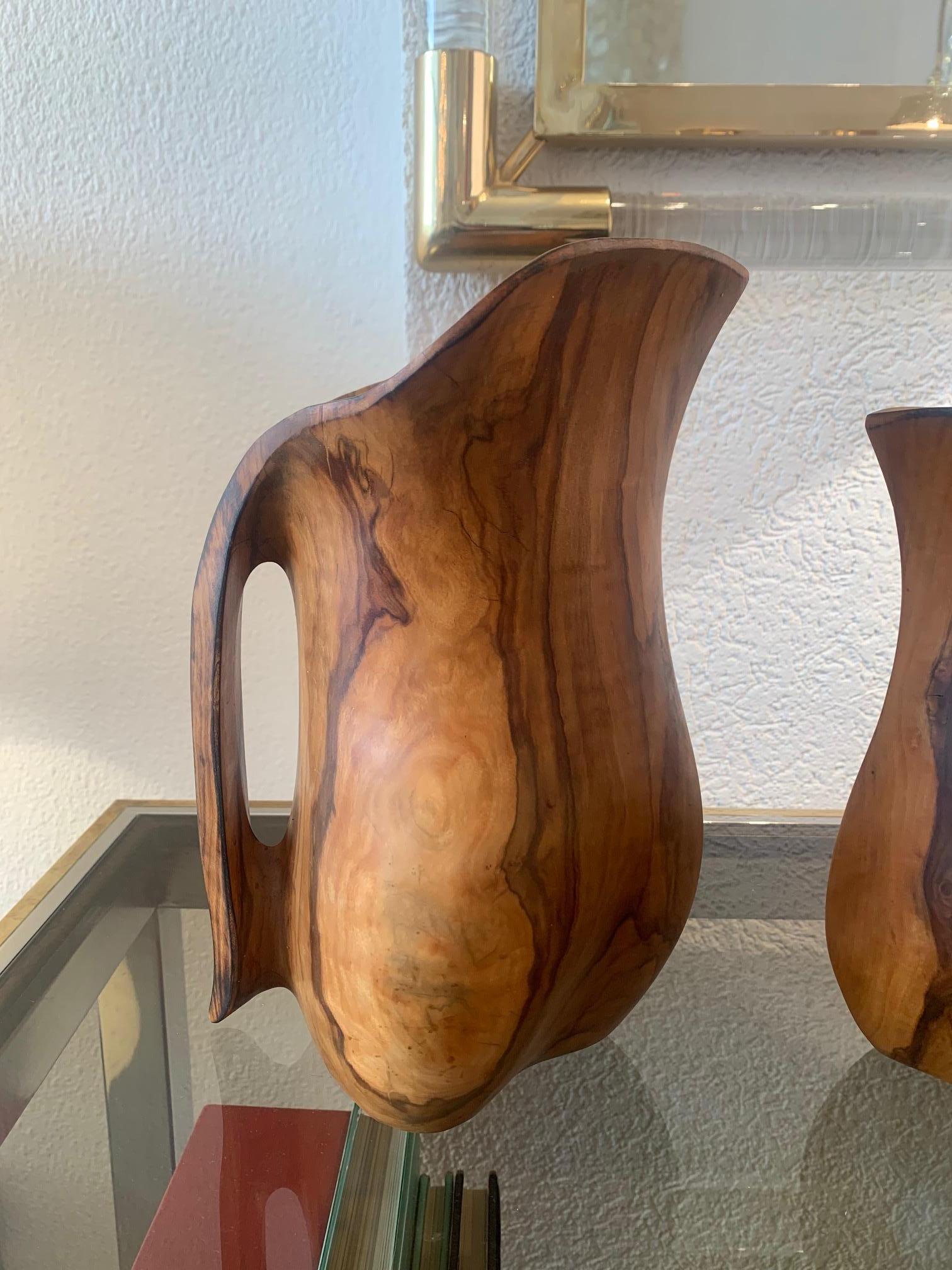 Set of 2 Sculptural Carved OliveWood Jug, France ca. 1950s In Good Condition For Sale In Geneva, CH
