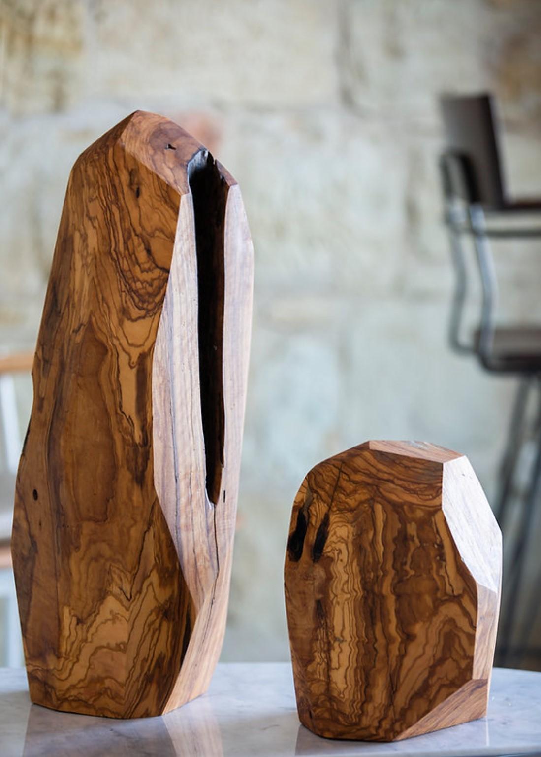 Set of 2 sculptures in olive wood by Rectangle Studio
Dimensions: 
Large: 23 x 23 x 55 cm
Small: 20 x 20 x 28 cm
Materials: Solid olive wood

It is collected from the roots and branches of different olive trees in the Aegean geography, shaped