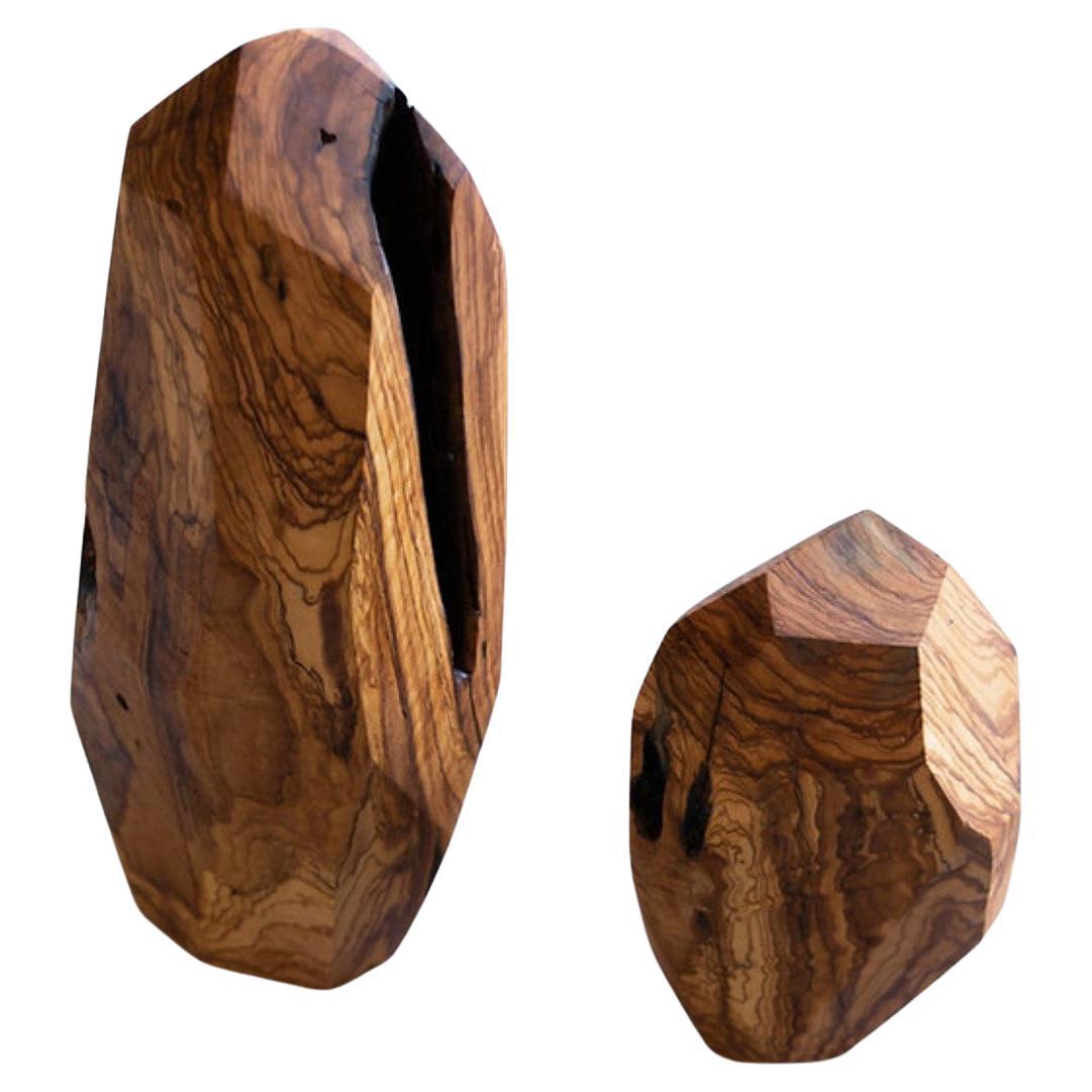 Set of 2 Sculptures in Olive Wood by Rectangle Studio For Sale