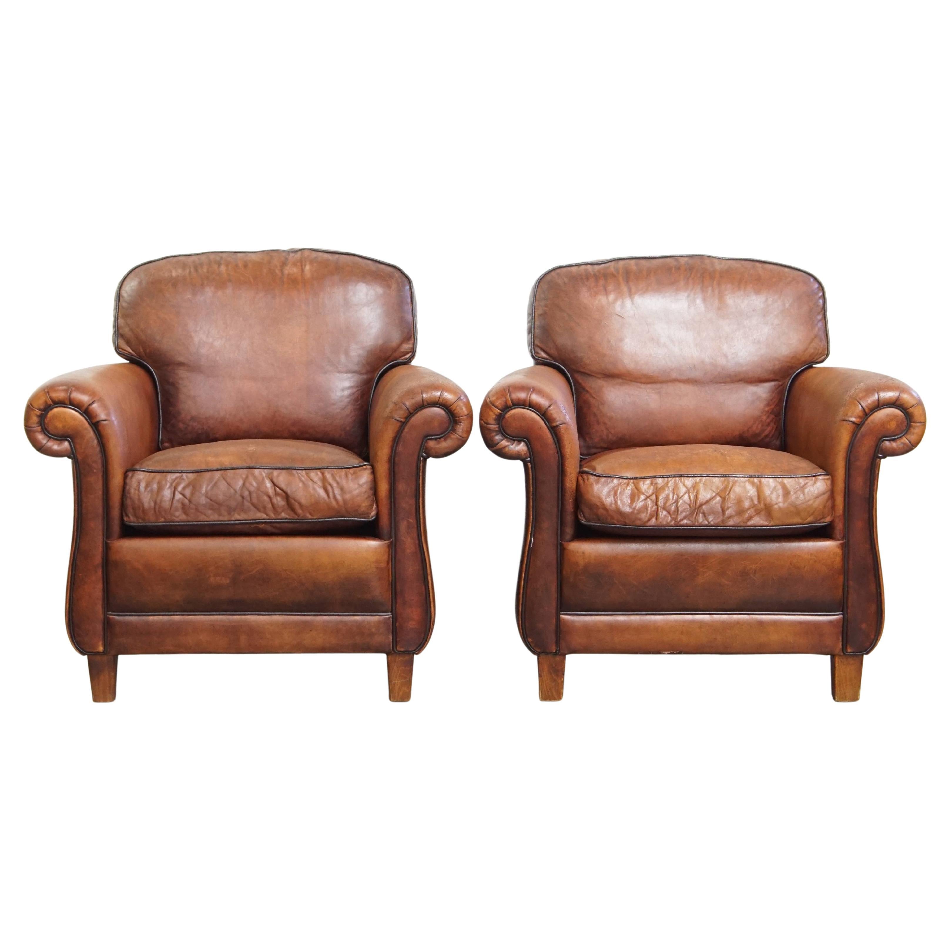 Set of 2 sheepskin leather armchair in English style