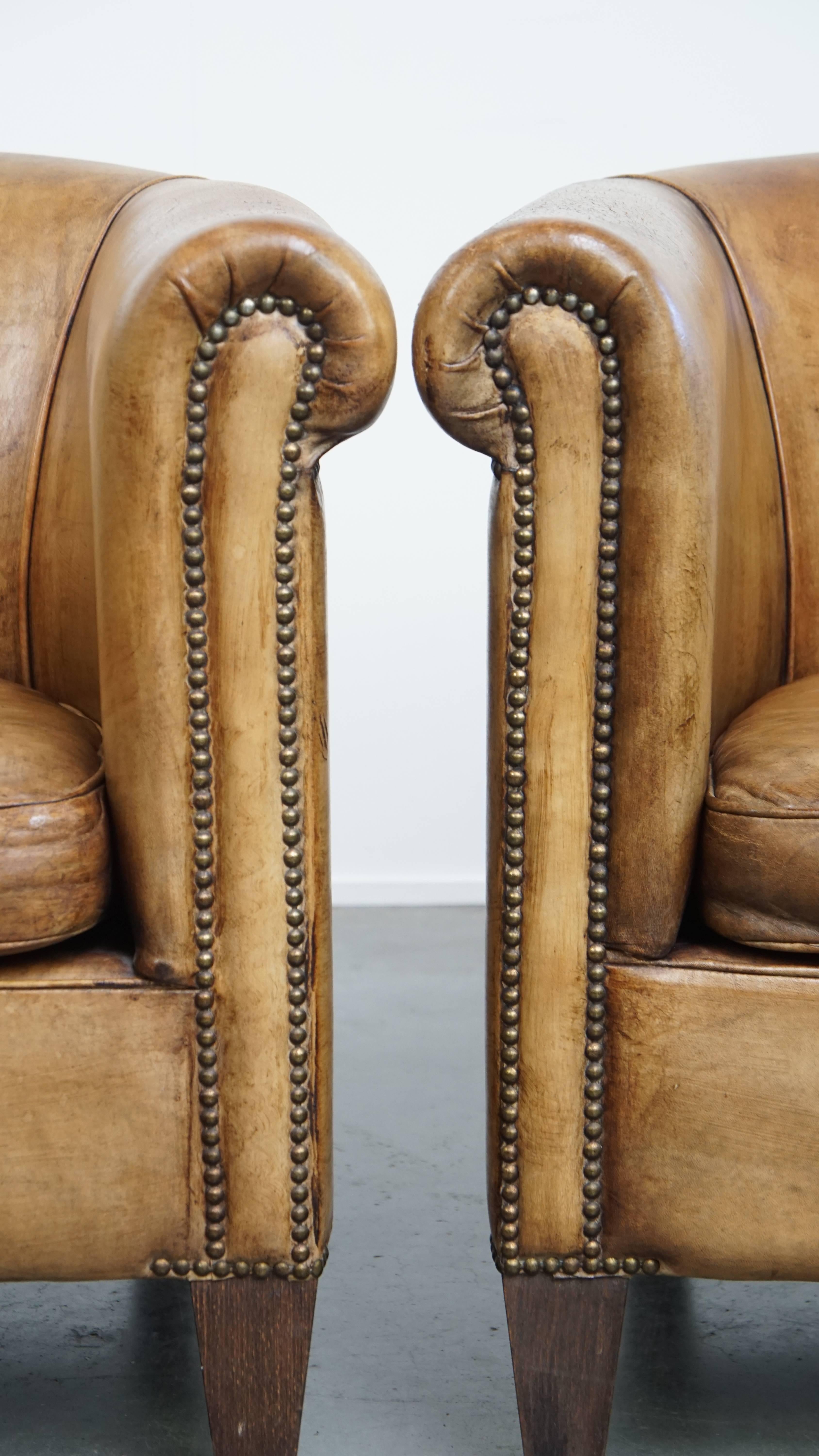 Set of 2 Sheepskin Leather Club Chairs by Nico van Oorschot For Sale 4