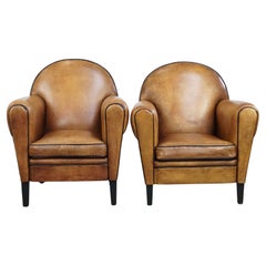 Set of 2 Sheepskin Leather Design Armchairs in Art Deco Style