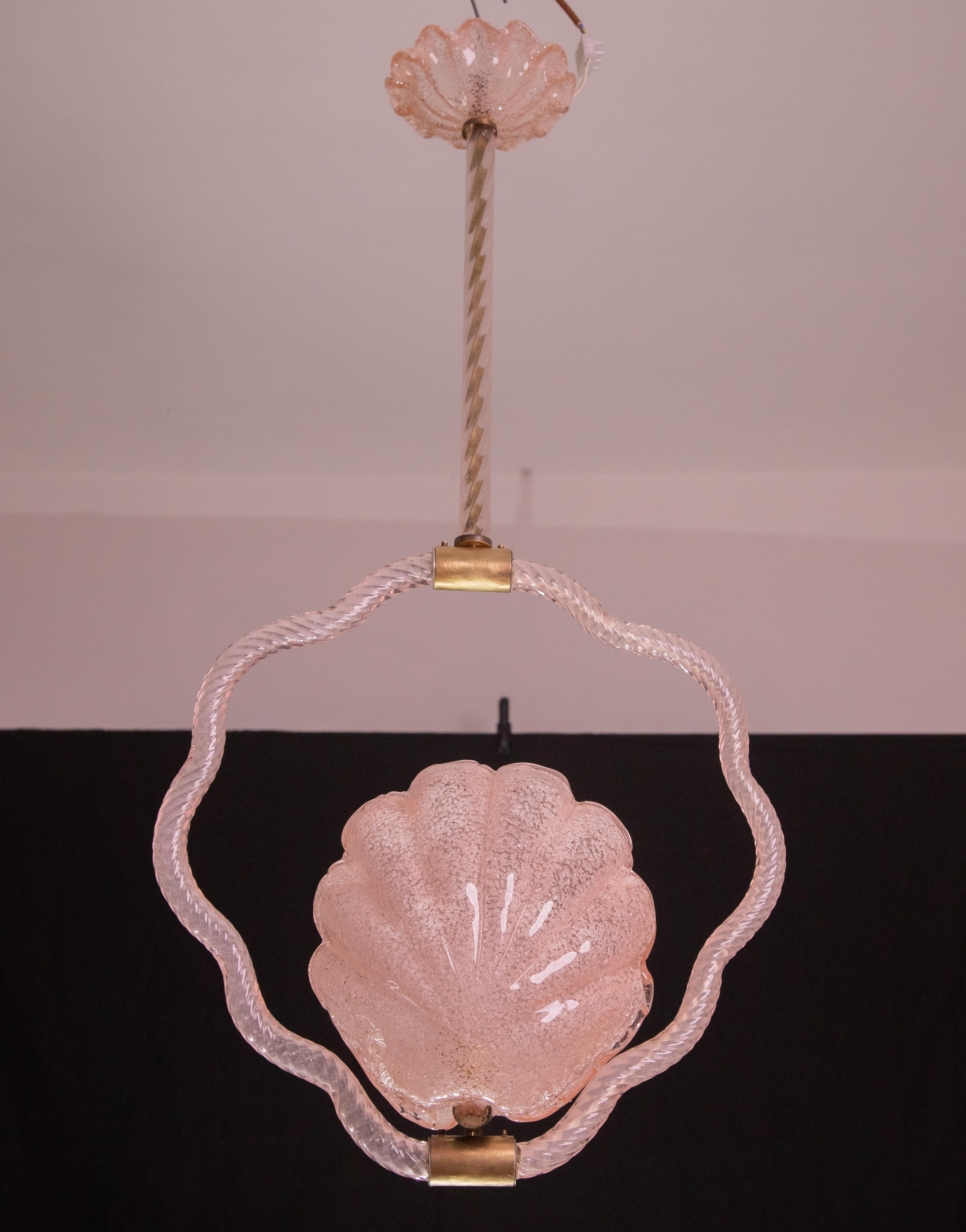 Mid-20th Century Set of 2 Shell Pink and Trasp. Murano Glass Chandelier by Barovier e Toso, 1940s For Sale