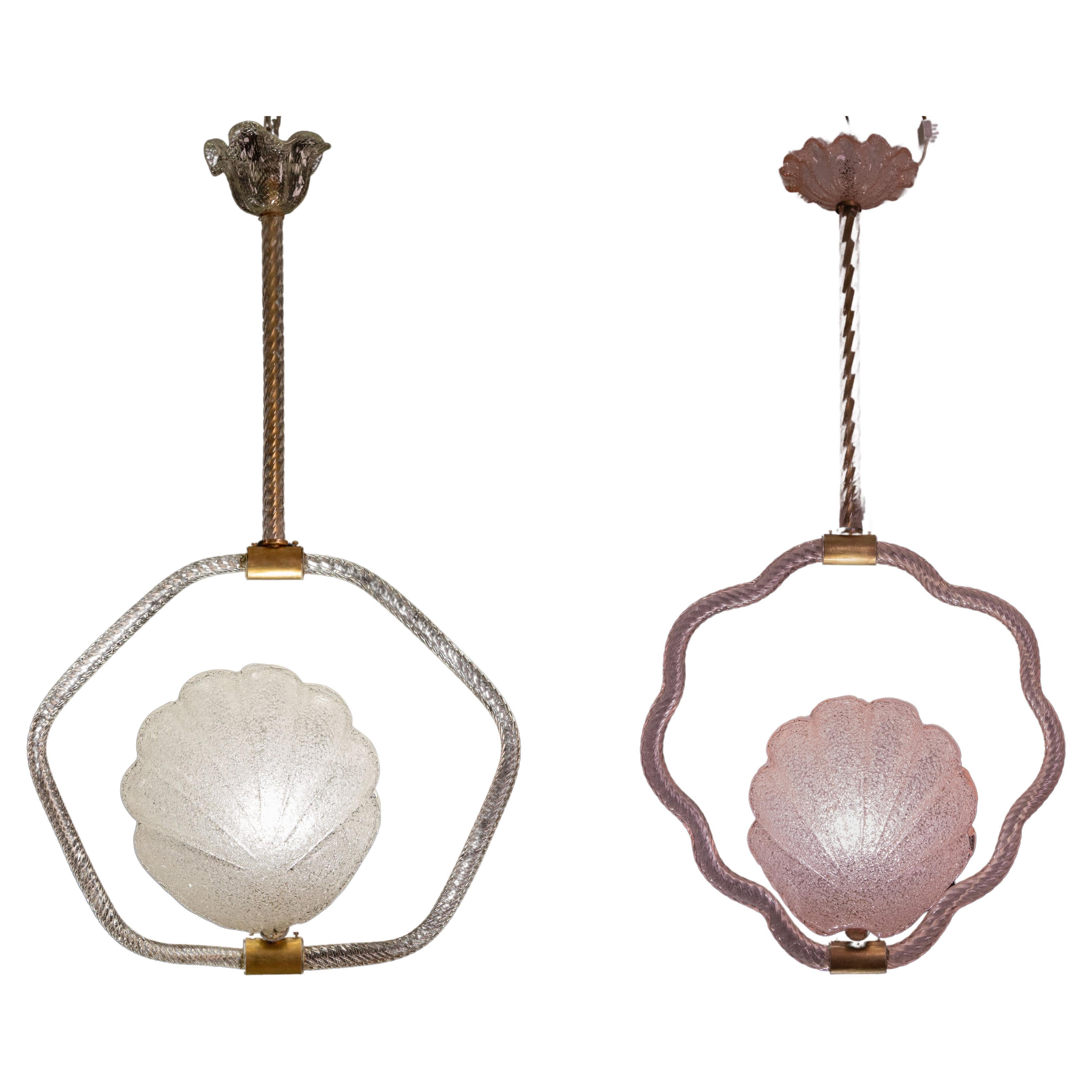 Set of 2 Shell Pink and Trasp. Murano Glass Chandelier by Barovier e Toso, 1940s For Sale