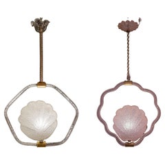 Vintage Set of 2 Shell Pink and Trasp. Murano Glass Chandelier by Barovier e Toso, 1940s