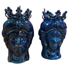 Set von 2 Sizilianischen Kopfpflanzgefäßen von König und Königin 