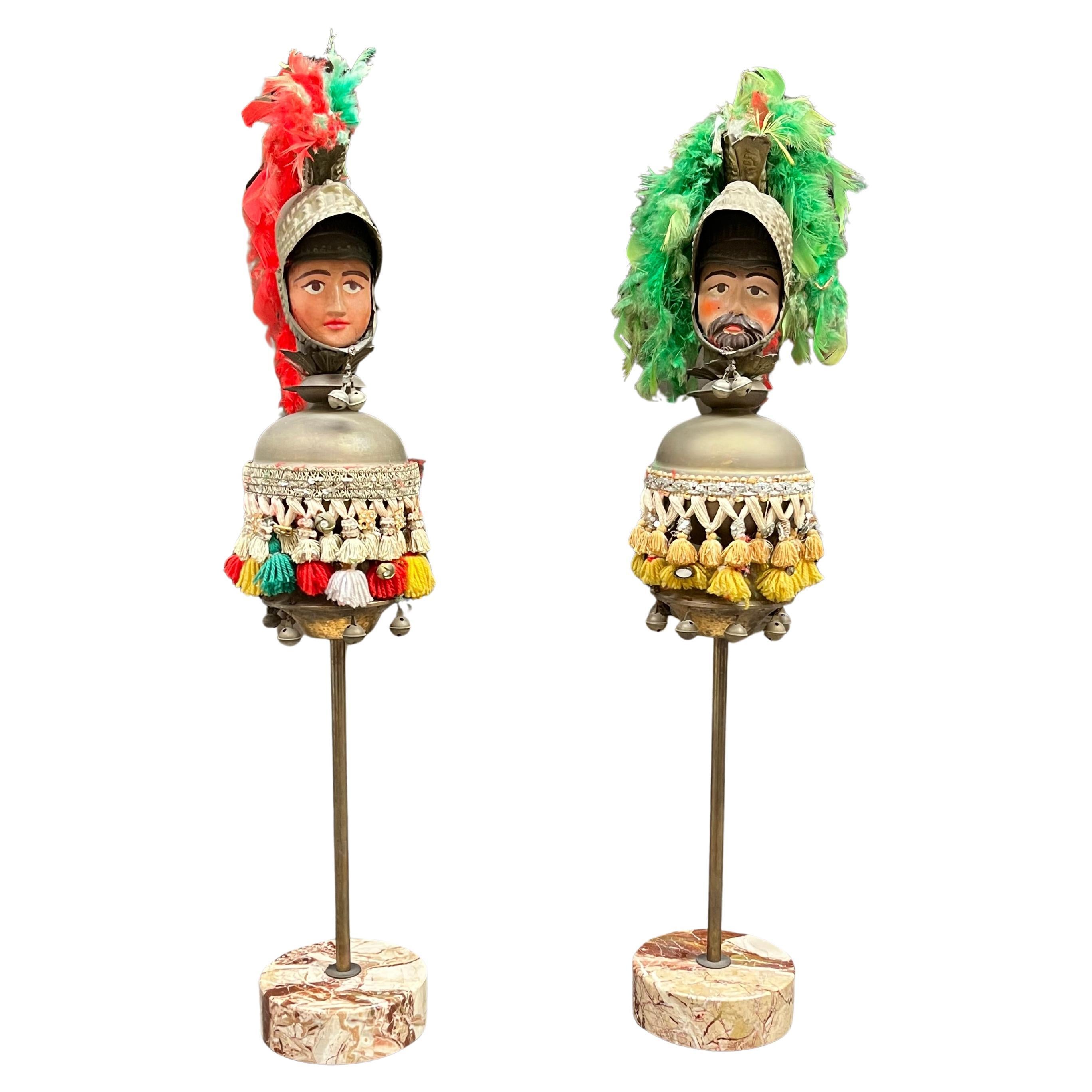 Set of 2 Sicilian Paladin Heads with marble base, 1940s, height 90 cm