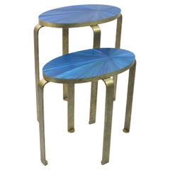 Set of 2 Side Tables in Blue Straw Marquetry and Textured Brass by Ginger Brown