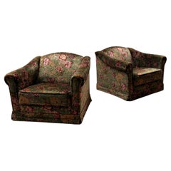SET OF 2 SILK VELVET FLORAL PATTERNED GREEN ARMCHAIRS, ITALY 1960s